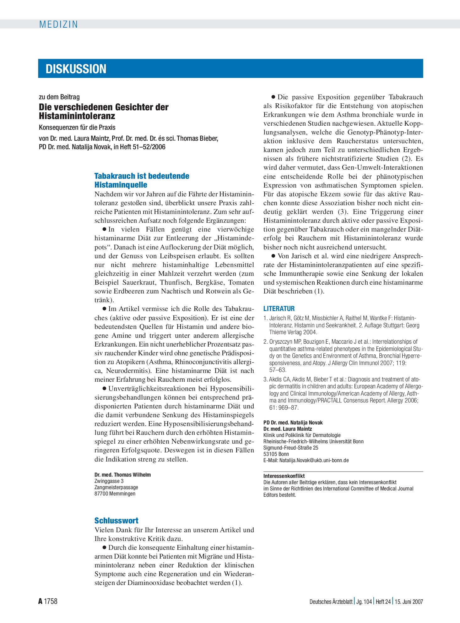 Vorschauseite 1: Die verschiedenen Gesichter der Histaminintoleranz – Konsequenzen für die Praxis: Schlusswort – Deutsches Ärzteblatt