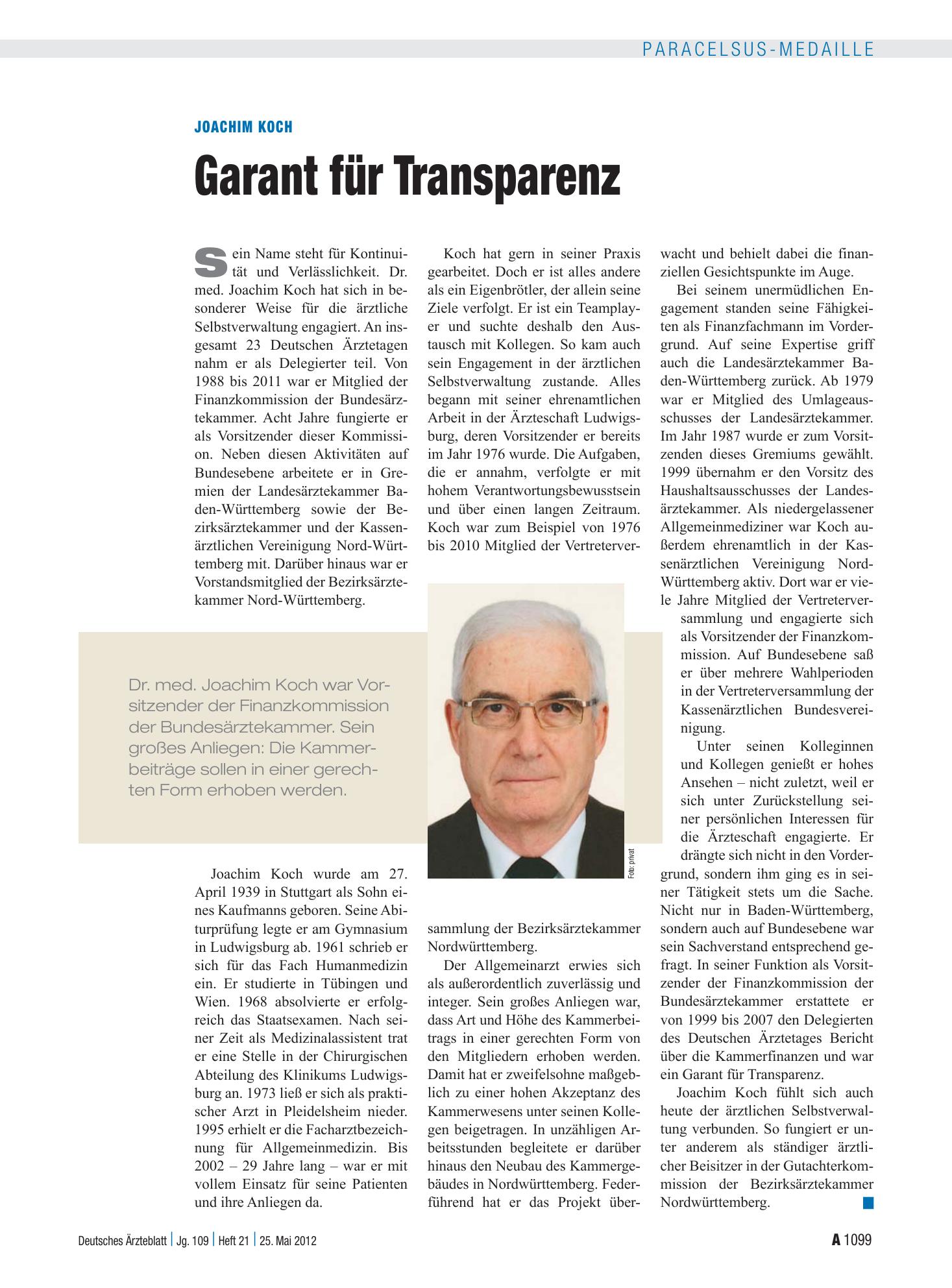 Vorschauseite 1: Joachim Koch: Garant für Transparenz – Deutsches Ärzteblatt