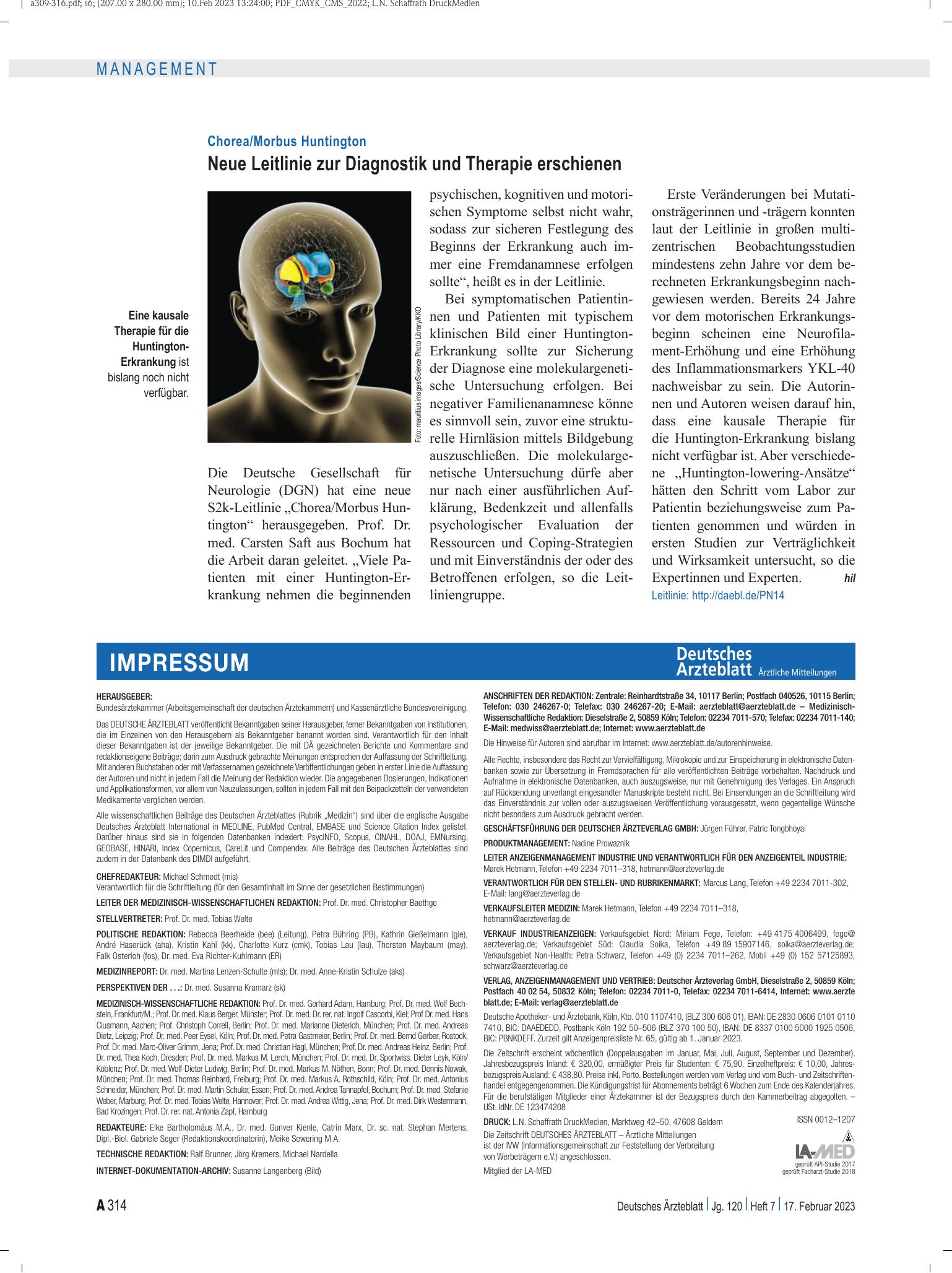 Vorschauseite 1: Chorea/Morbus Huntington: Neue Leitlinie zur Diagnostik und Therapie erschienen – Deutsches Ärzteblatt