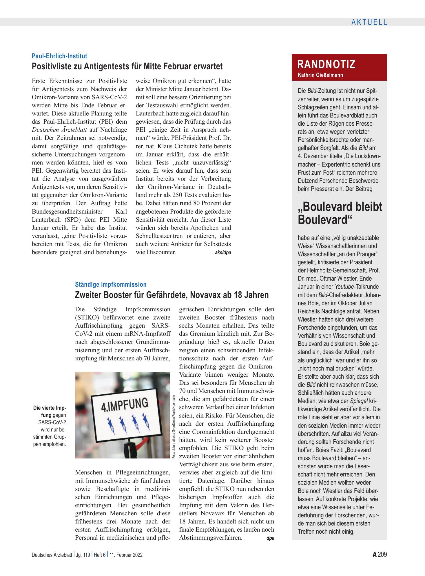 Vorschauseite 1: Randnotiz: „Boulevard bleibt Boulevard“ – Deutsches Ärzteblatt
