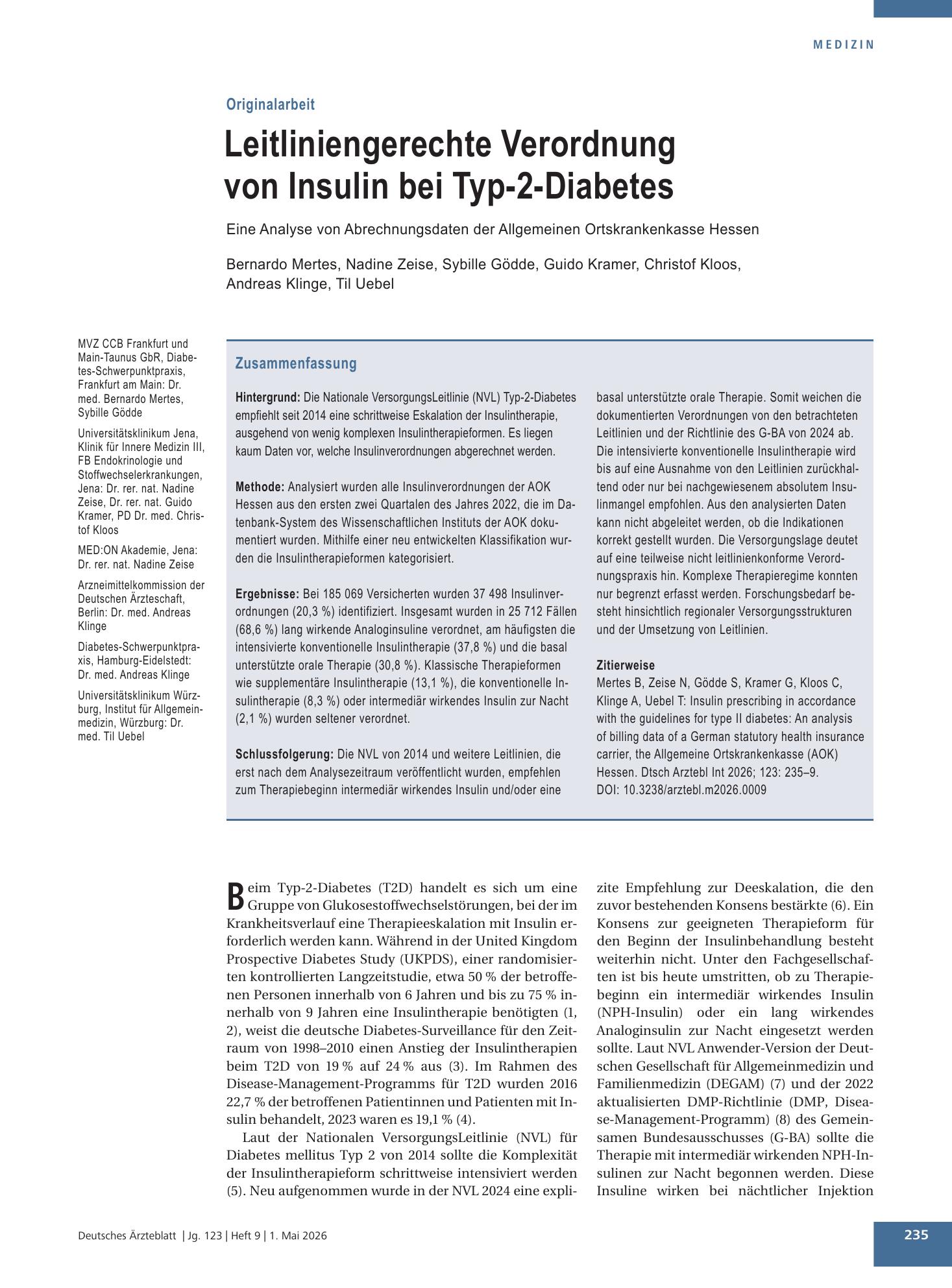 Vorschauseite 1: Leitliniengerechte Verordnung von Insulin bei Typ-2-Diabetes – Deutsches Ärzteblatt