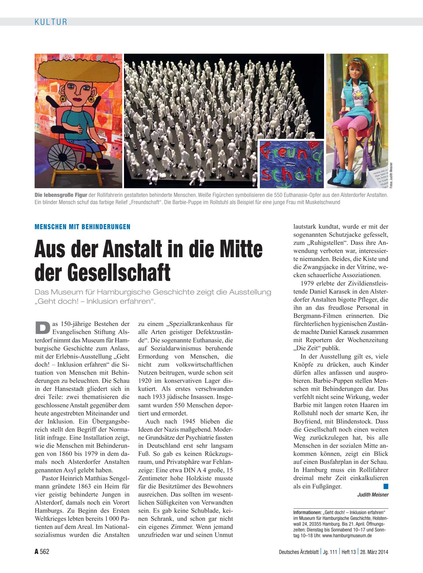 Vorschauseite 1: Menschen mit Behinderungen: Aus der Anstalt in die Mitte der Gesellschaft – Deutsches Ärzteblatt