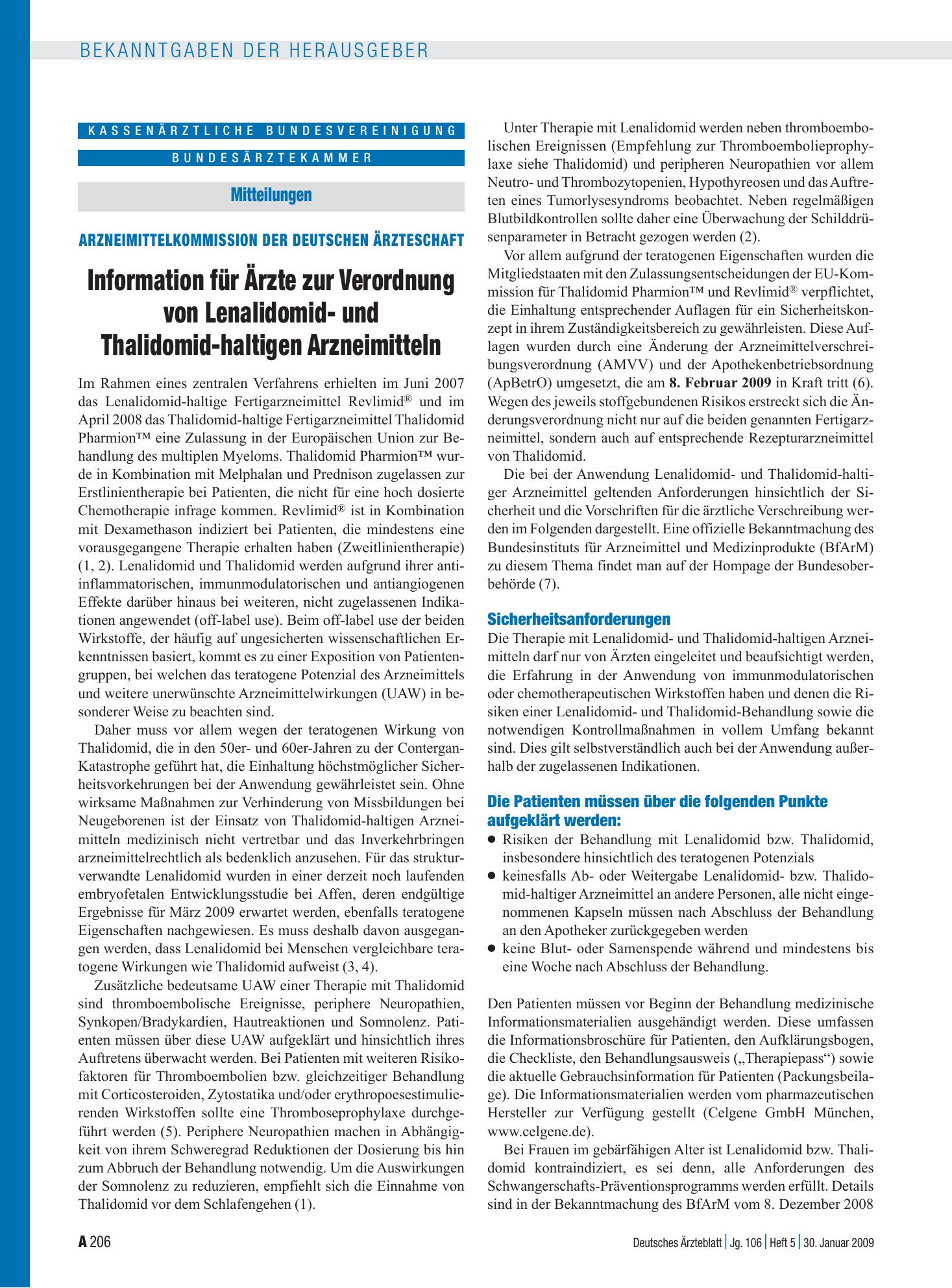 Vorschauseite 1: Mitteilungen - Arzneimittelkommission der deutschen Ärzteschaft: Information für Ärzte zur Verordnung von Lenalidomid- und Thalidomid-haltigen Arzneimitteln – Deutsches Ärzteblatt