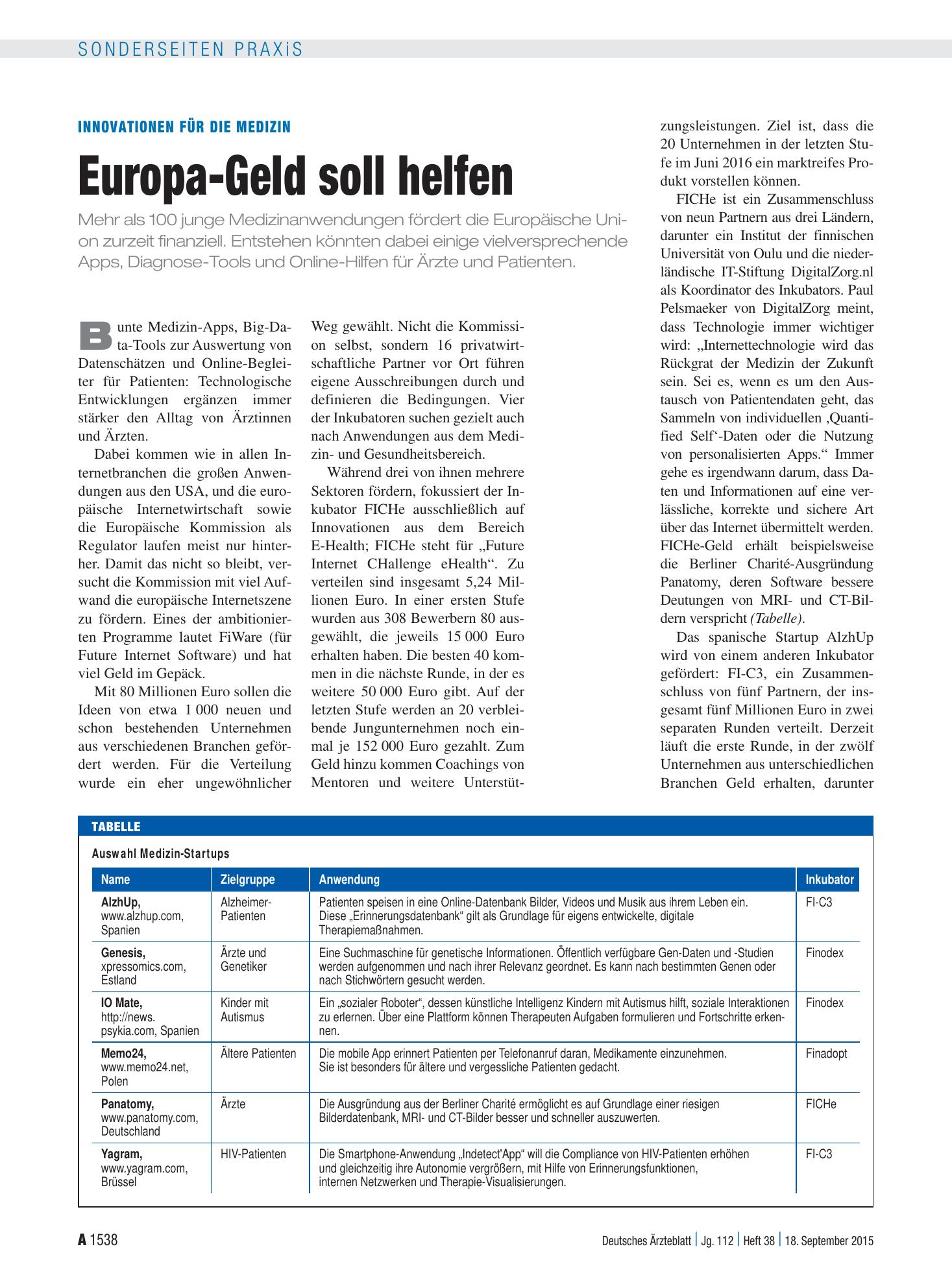 Vorschauseite 1: Innovationen für die Medizin: Europa-Geld soll helfen – Deutsches Ärzteblatt