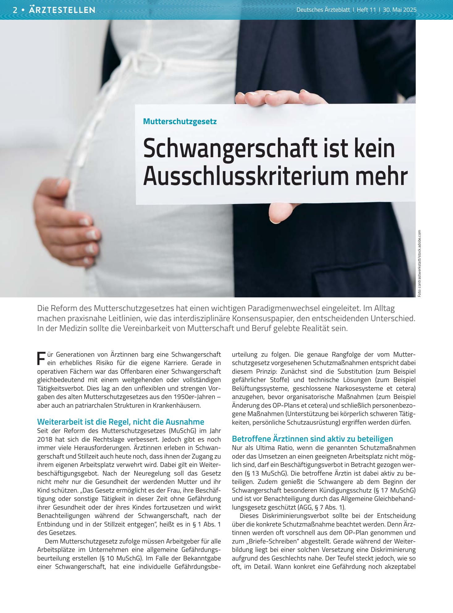 Vorschauseite 1: Mutterschutzgesetz: Schwangerschaft ist kein Ausschlusskriterium mehr – Deutsches Ärzteblatt
