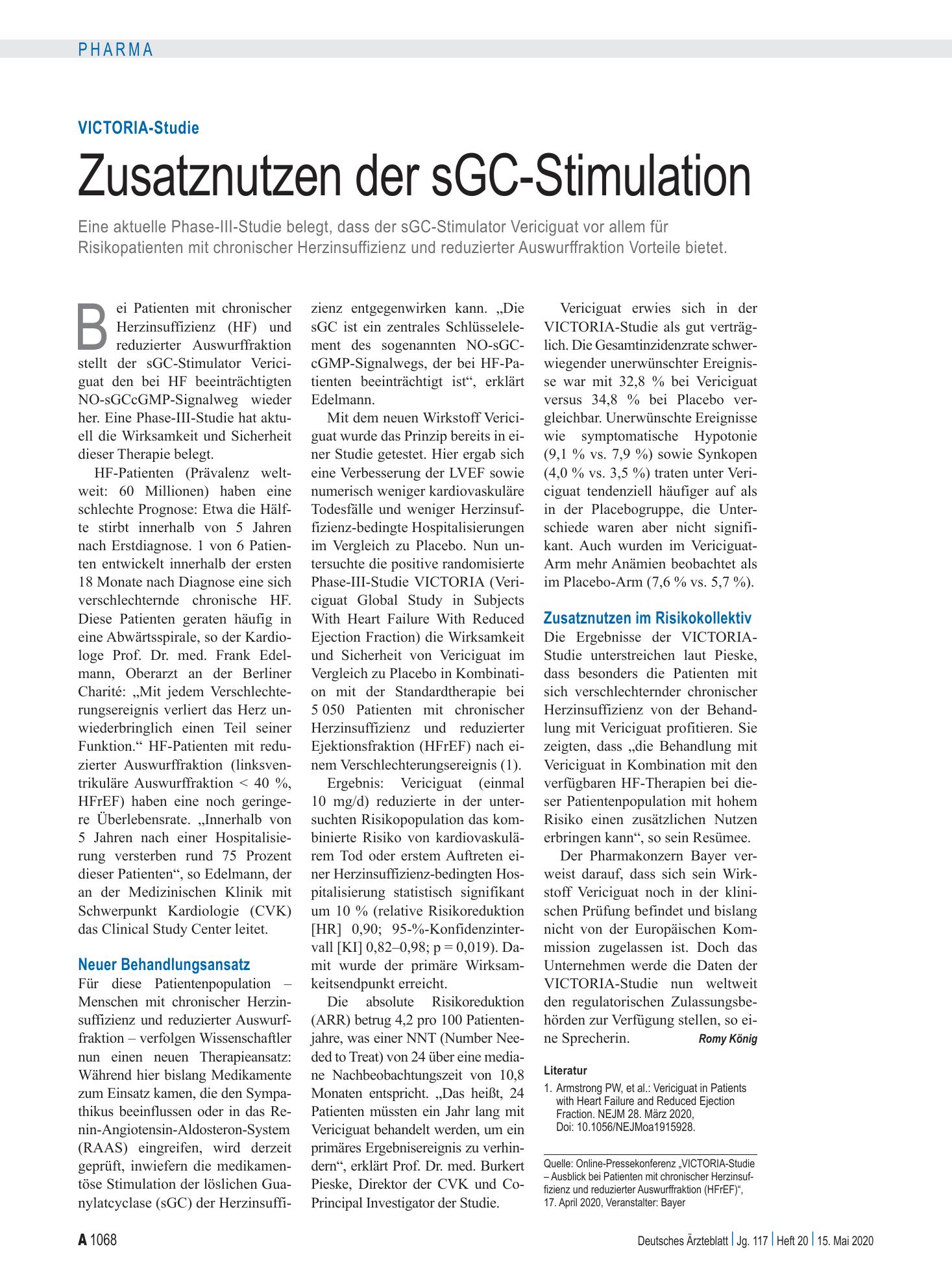 Vorschauseite 1: VICTORIA-Studie: Zusatznutzen der sGC-Stimulation – Deutsches Ärzteblatt