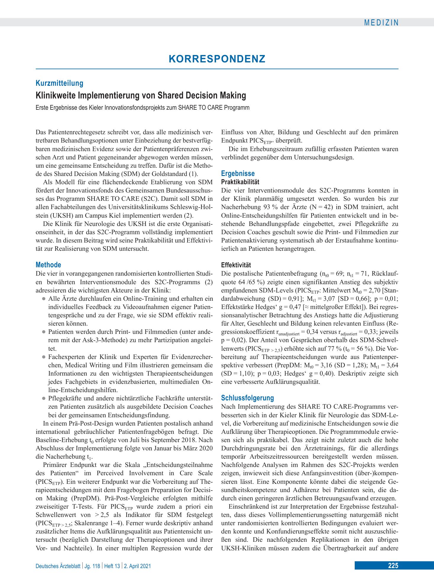 Vorschauseite 1: Klinikweite Implementierung von Shared Decision Making – Deutsches Ärzteblatt