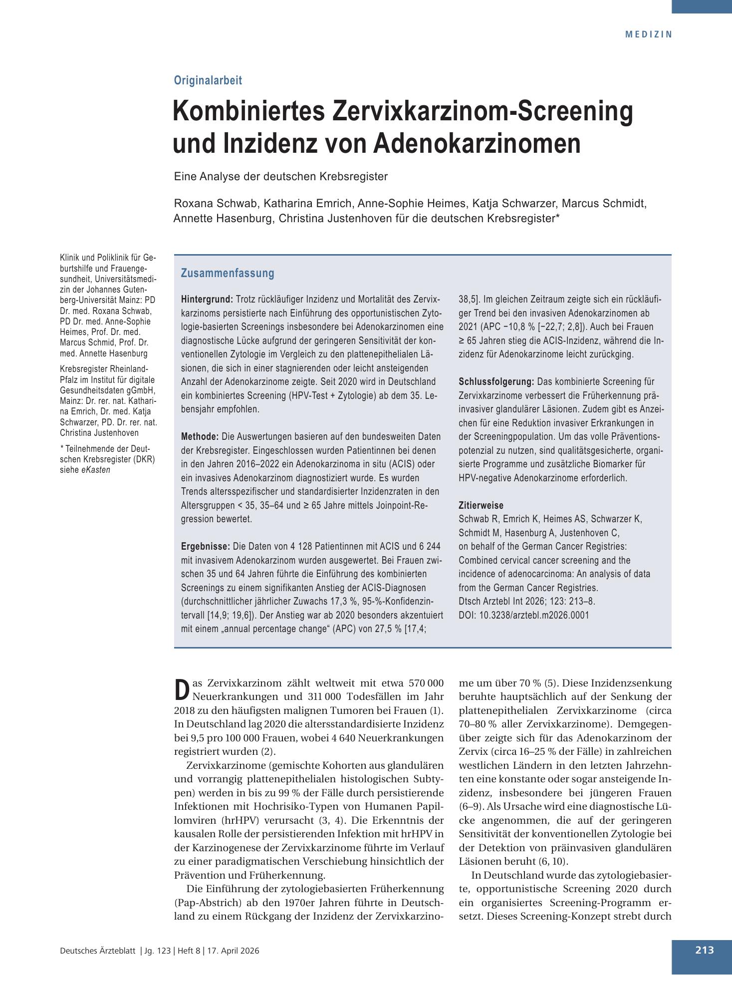 Vorschauseite 1: Kombiniertes Zervixkarzinom-Screening und Inzidenz von Adenokarzinomen – Deutsches Ärzteblatt