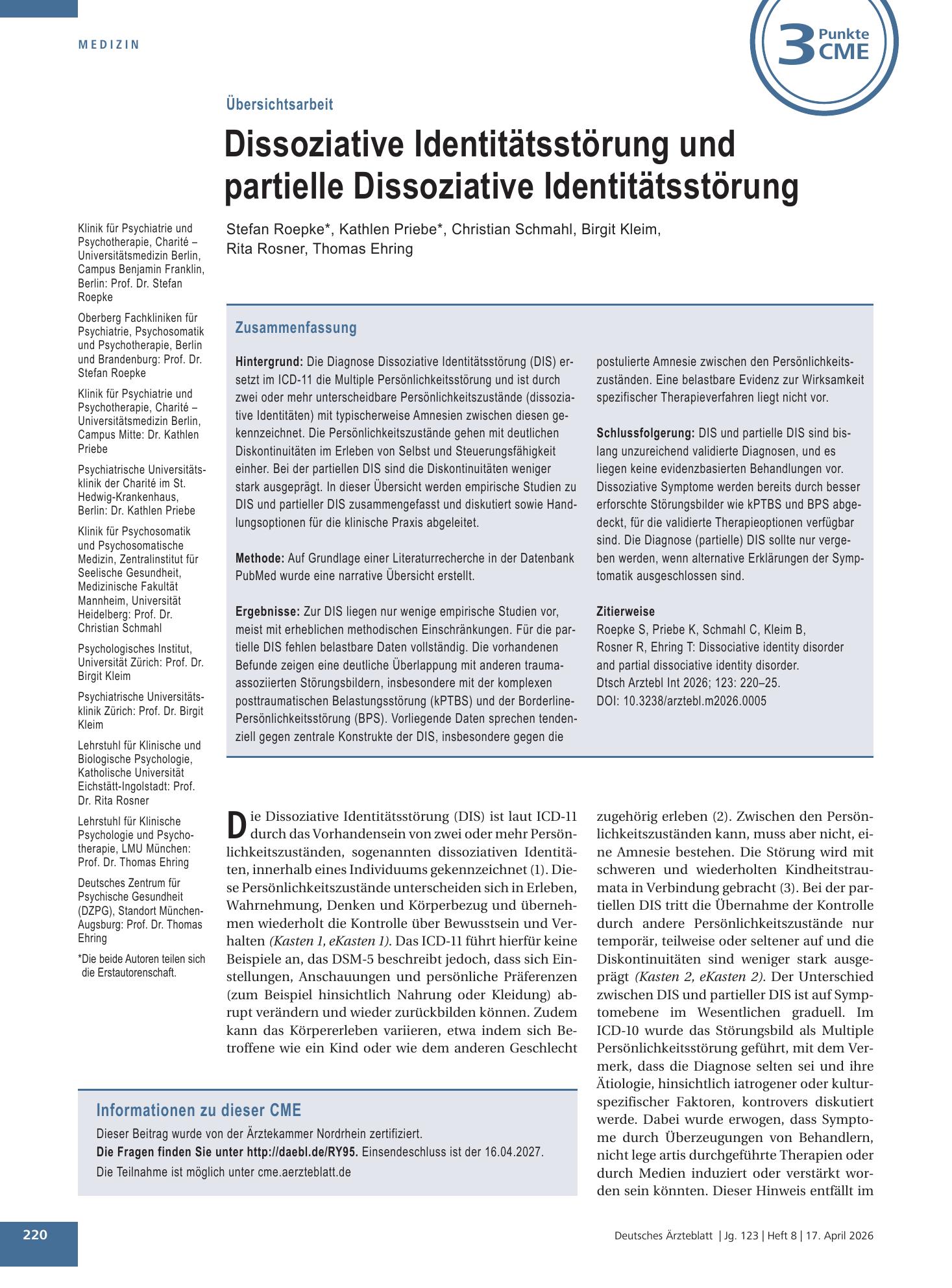 Vorschauseite 1: Dissoziative Identitätsstörung und partielle Dissoziative Identitätsstörung – Deutsches Ärzteblatt