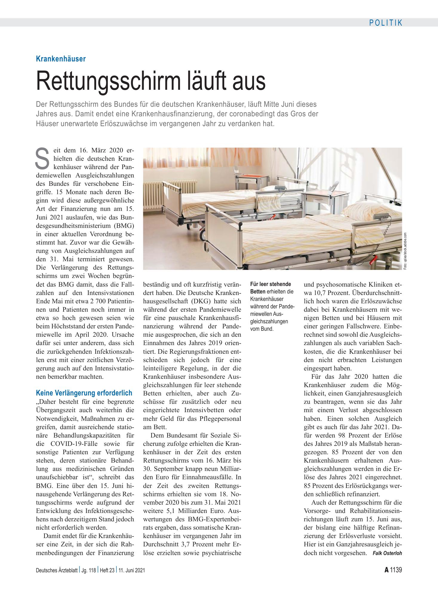 Vorschauseite 1: Krankenhäuser: Rettungsschirm läuft aus – Deutsches Ärzteblatt