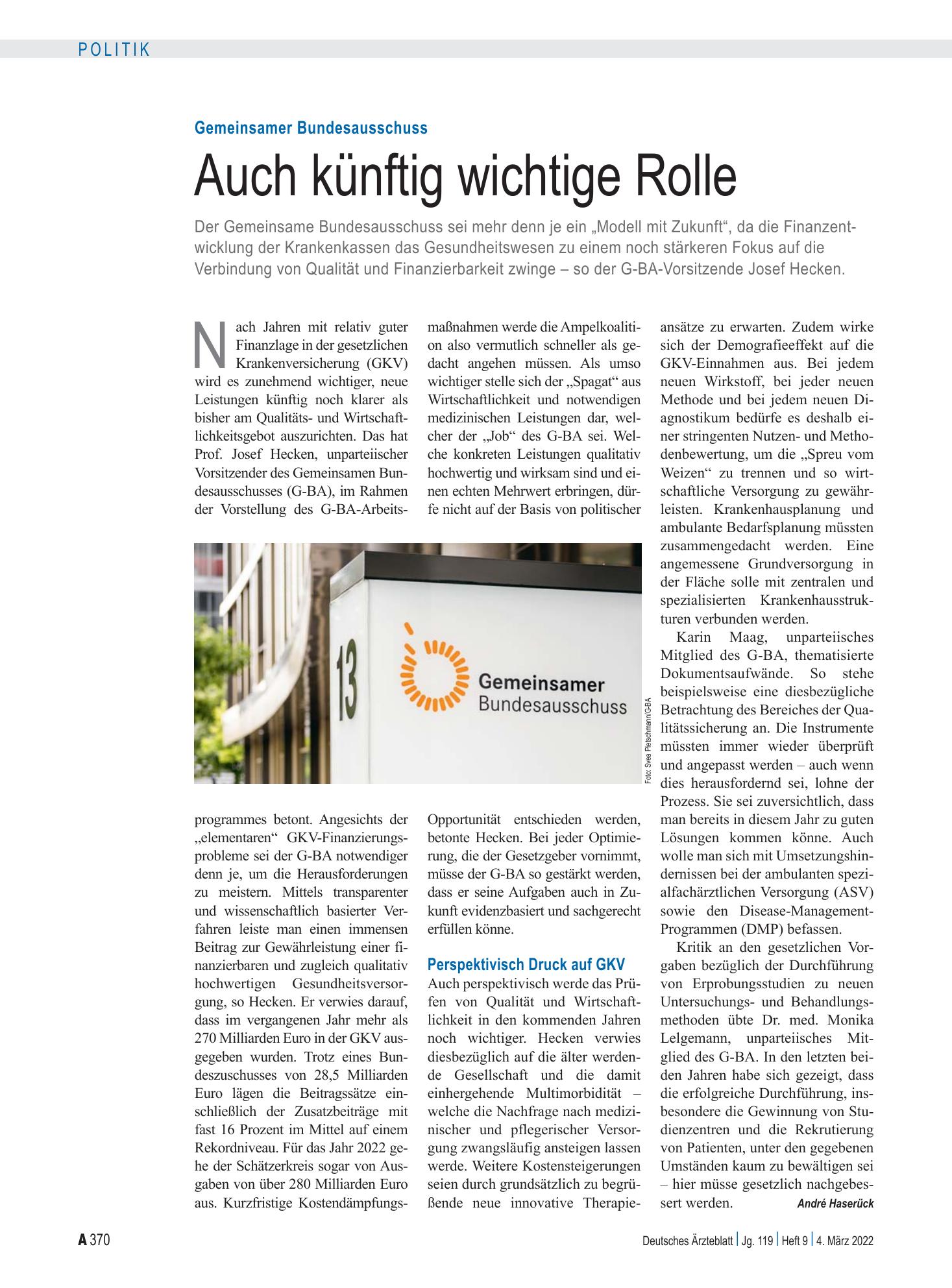 Vorschauseite 1: Gemeinsamer Bundesausschuss: Auch künftig wichtige Rolle – Deutsches Ärzteblatt