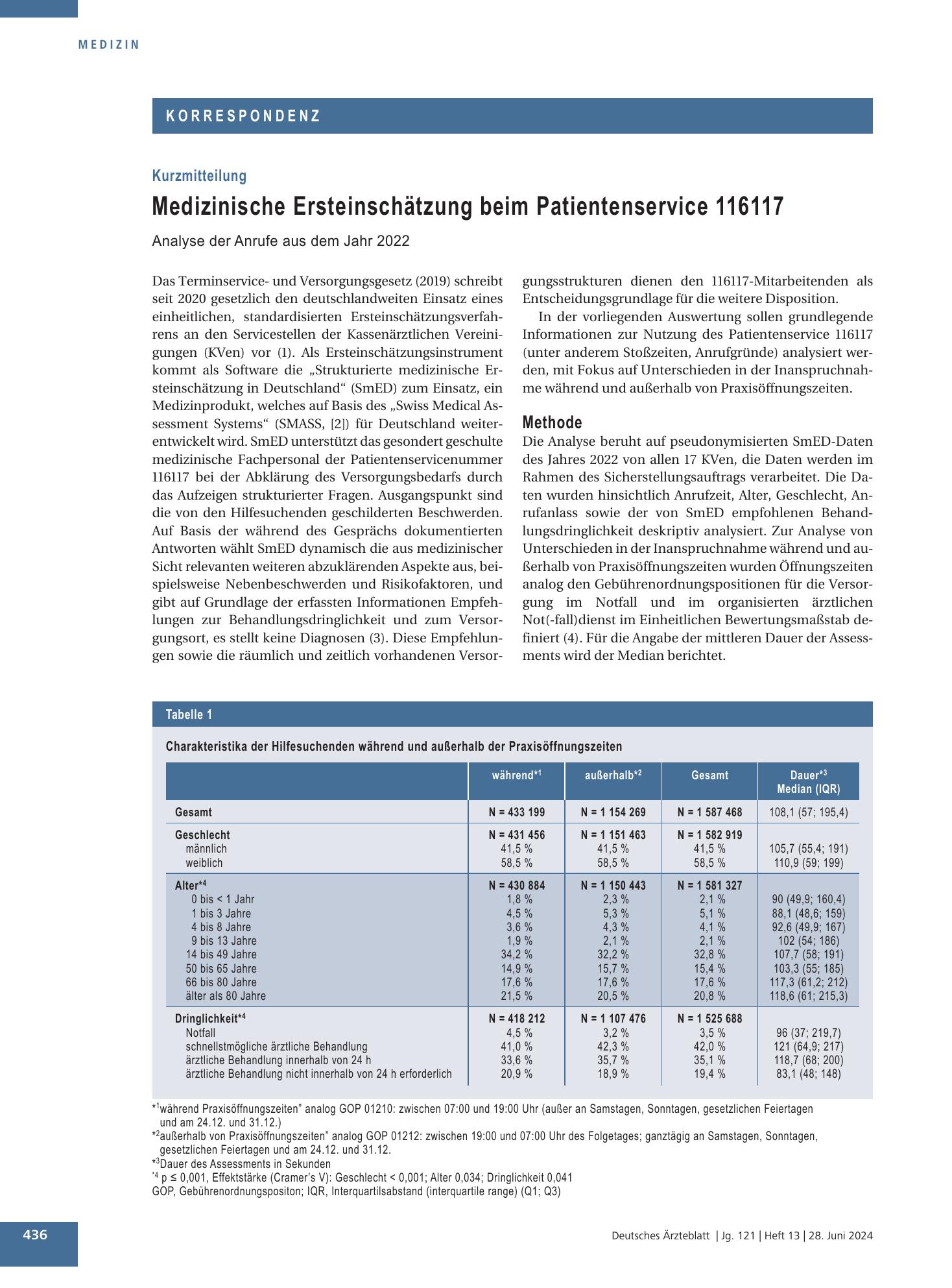 Vorschauseite 1: Medizinische Ersteinschätzung beim Patientenservice 116117 – Deutsches Ärzteblatt