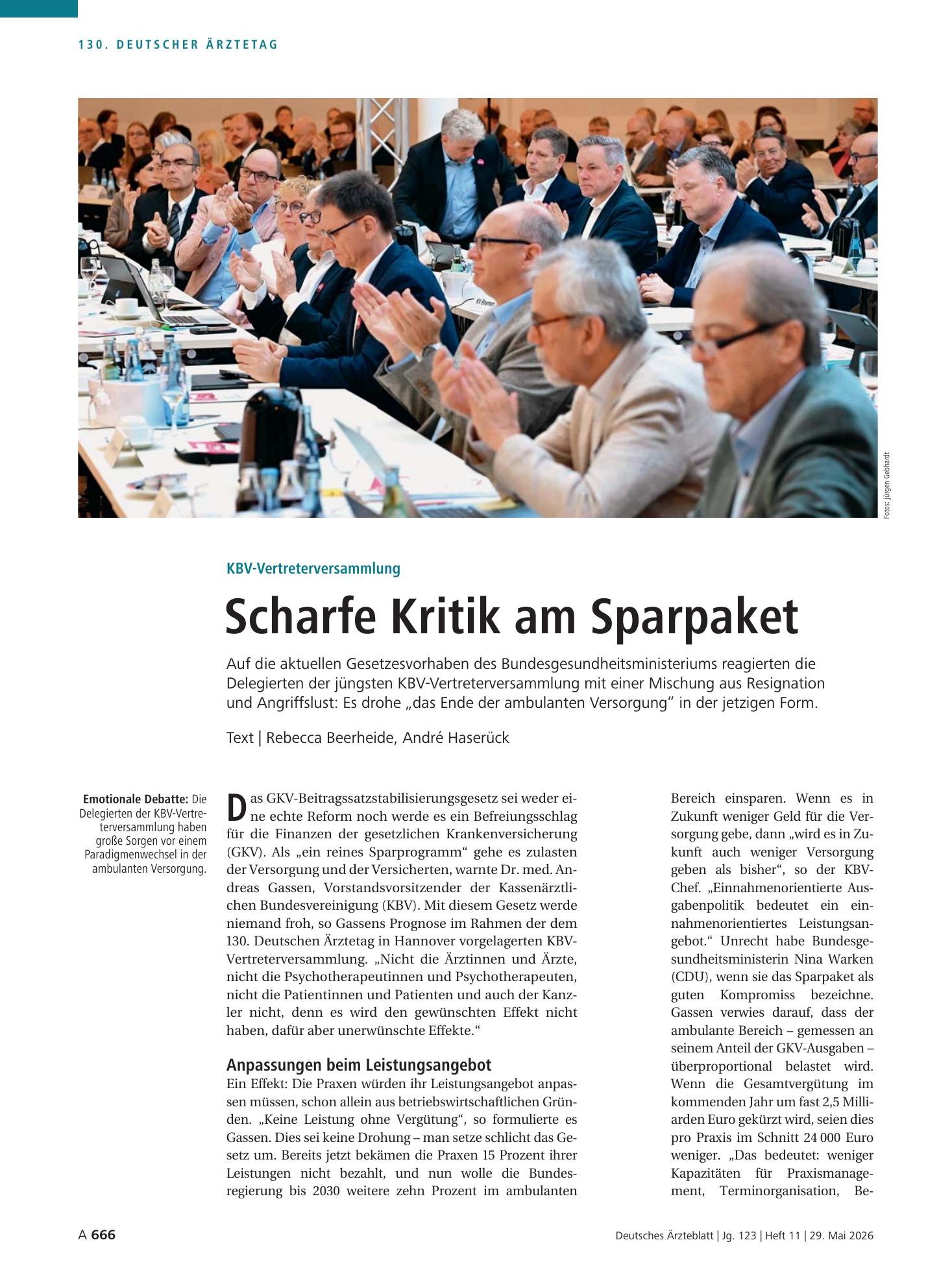 Vorschauseite 1: KBV-Vertreterversammlung: Scharfe Kritik am Sparpaket – Deutsches Ärzteblatt