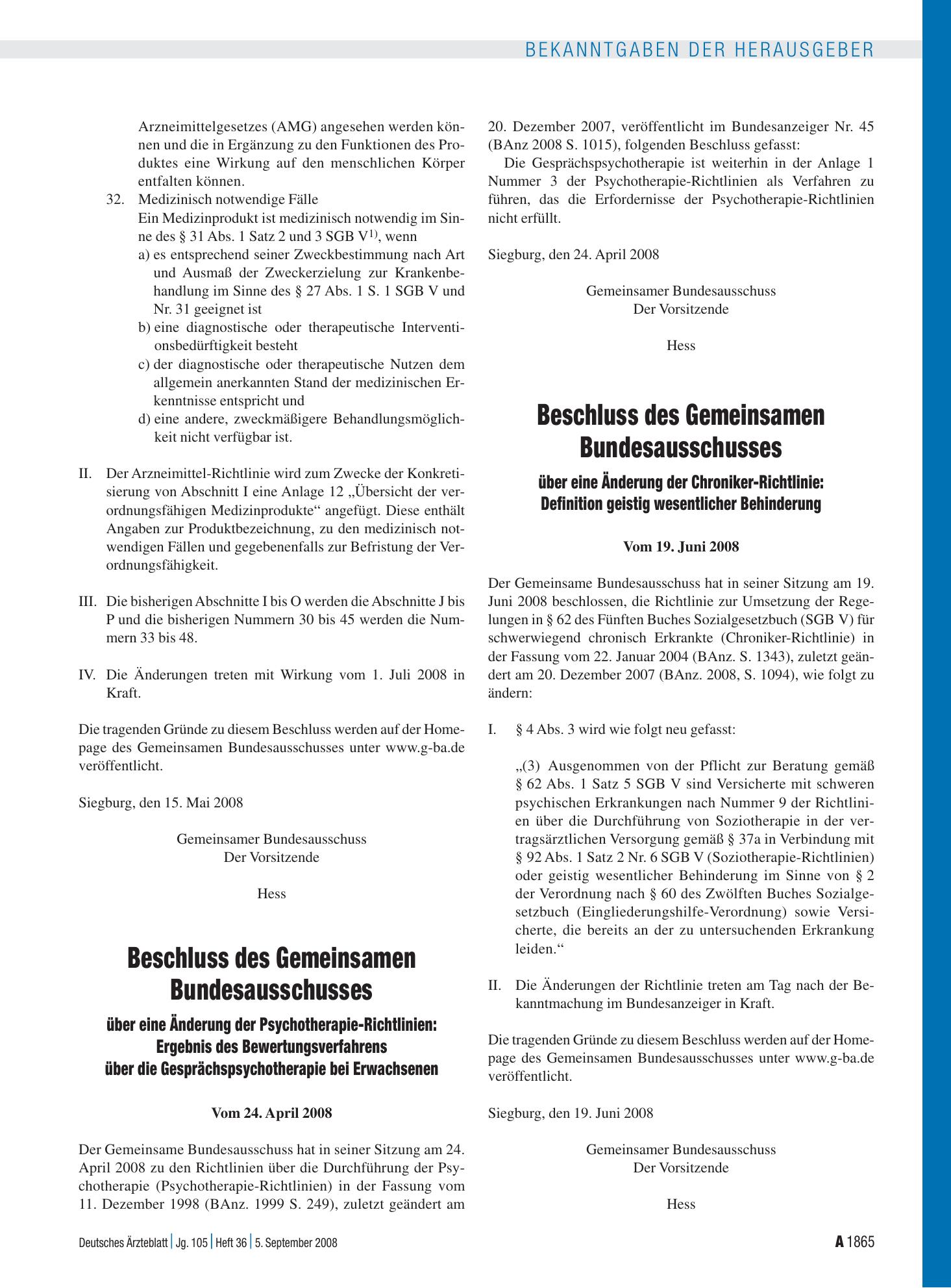 Vorschauseite 1: Beschluss des Gemeinsamen Bundesausschusses über eine Änderung der Chroniker-Richtlinie: Definition geistig wesentlicher Behinderung vom 19. Juni 2008 – Deutsches Ärzteblatt