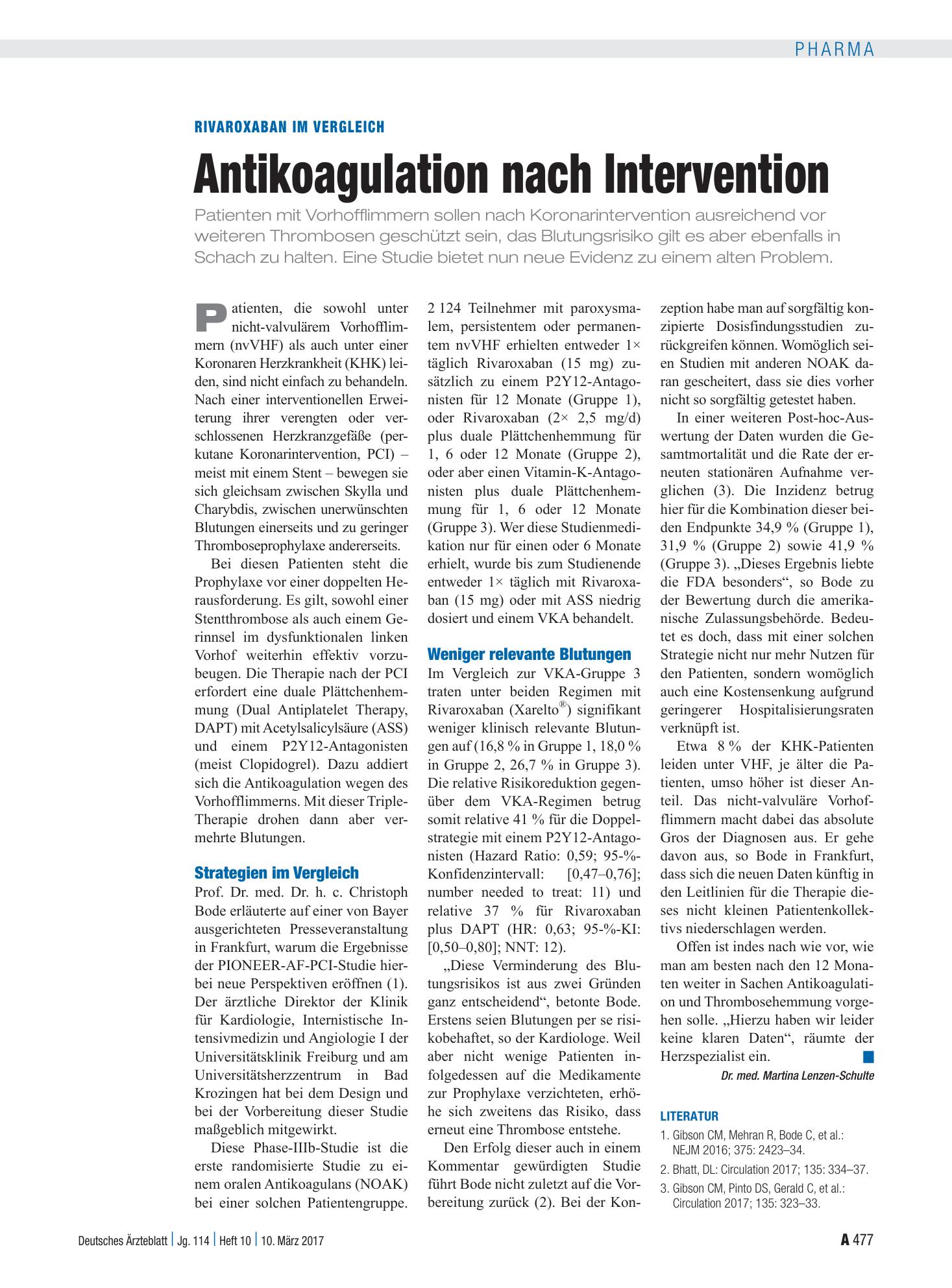 Vorschauseite 1: Rivaroxaban im Vergleich: Antikoagulation nach Intervention – Deutsches Ärzteblatt