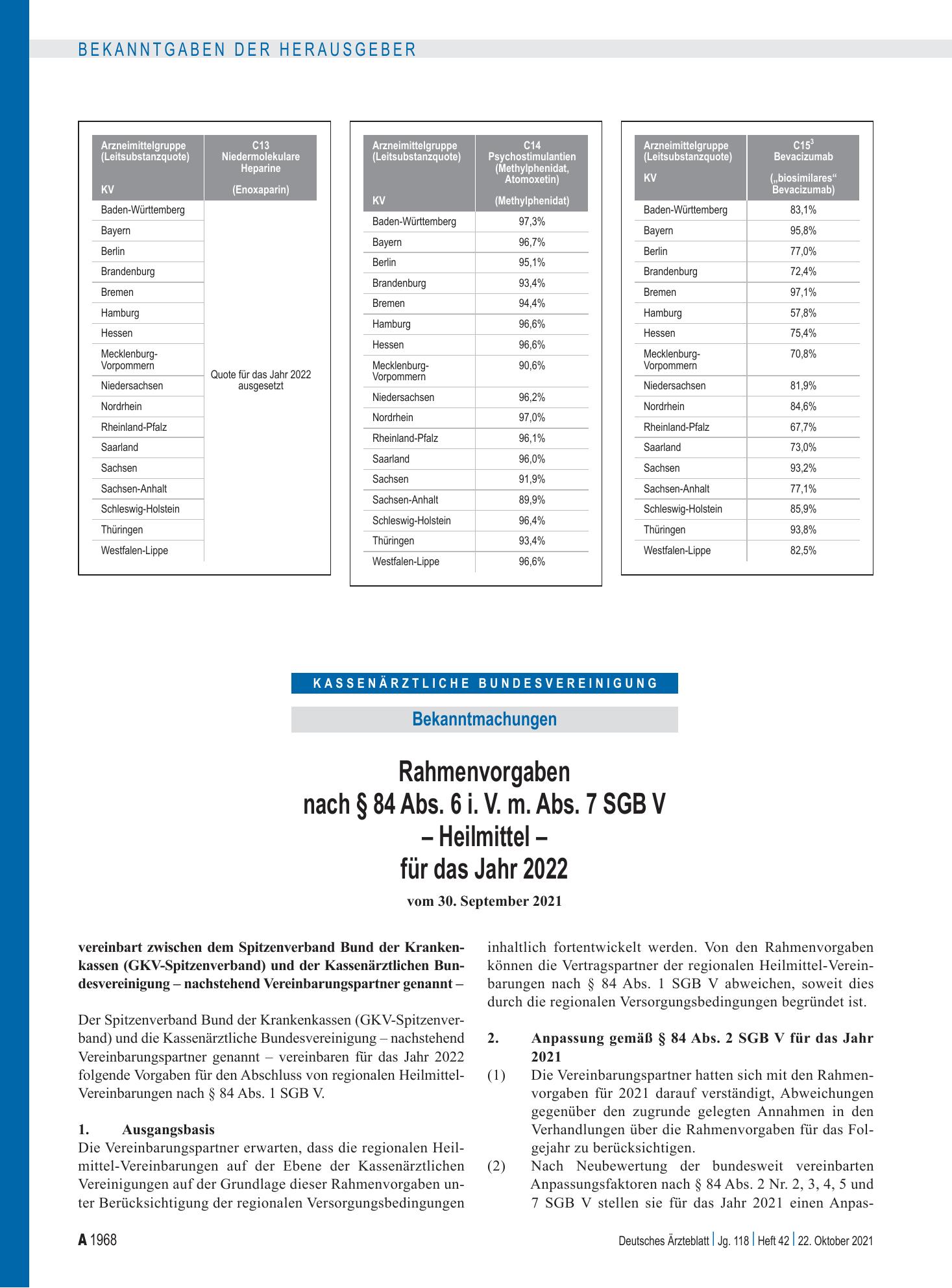 Vorschauseite 1: Rahmenvorgaben nach § 84 Abs. 6 i. V. m. Abs. 7 SGB V – Heilmittel – für das Jahr 2022 – Deutsches Ärzteblatt