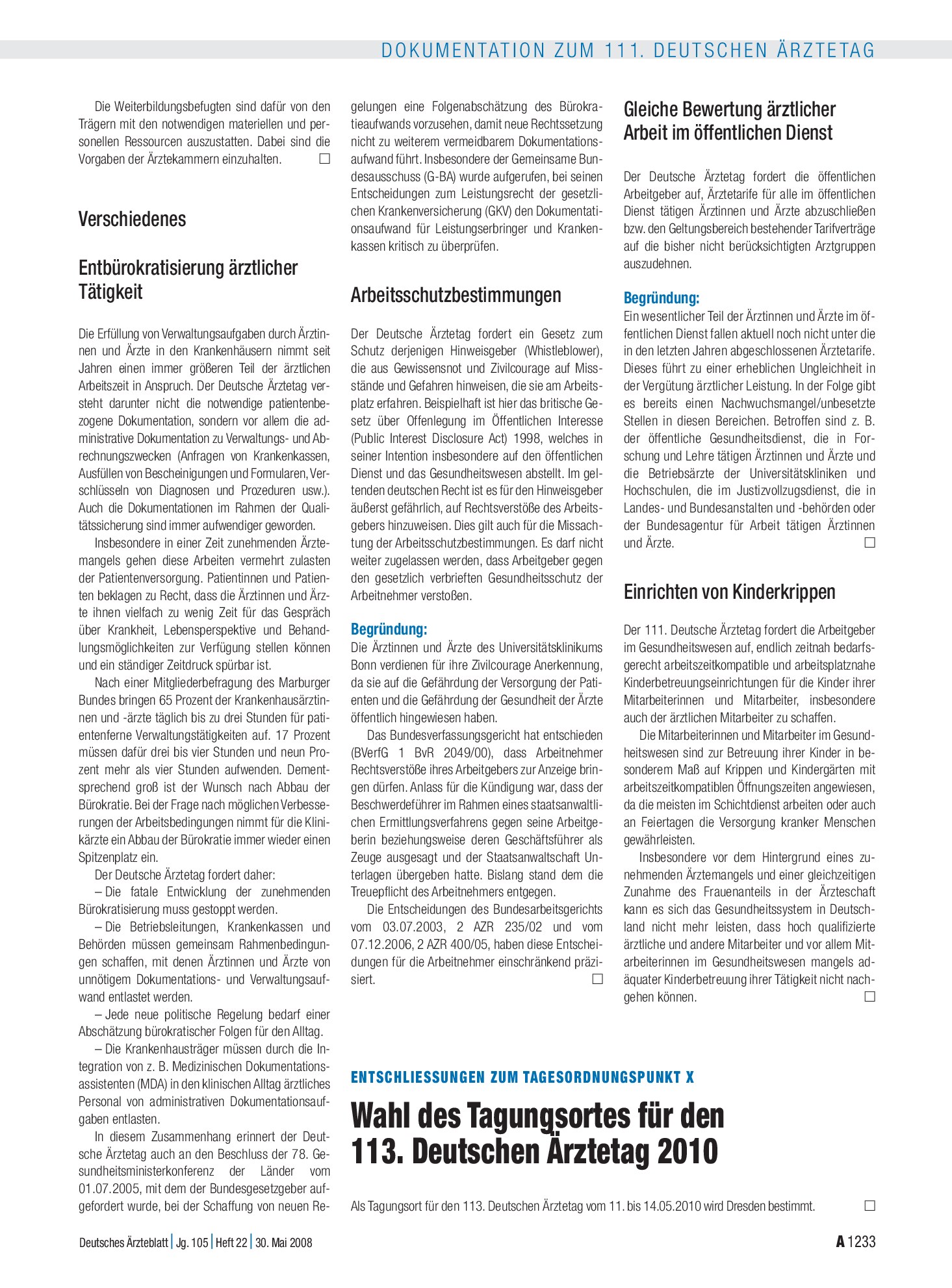 Vorschauseite 1: Entschliessungen zum Tagesordnungspunkt X: Wahl des Tagungsortes für den 113. Deutschen Ärztetag 2010 – Deutsches Ärzteblatt