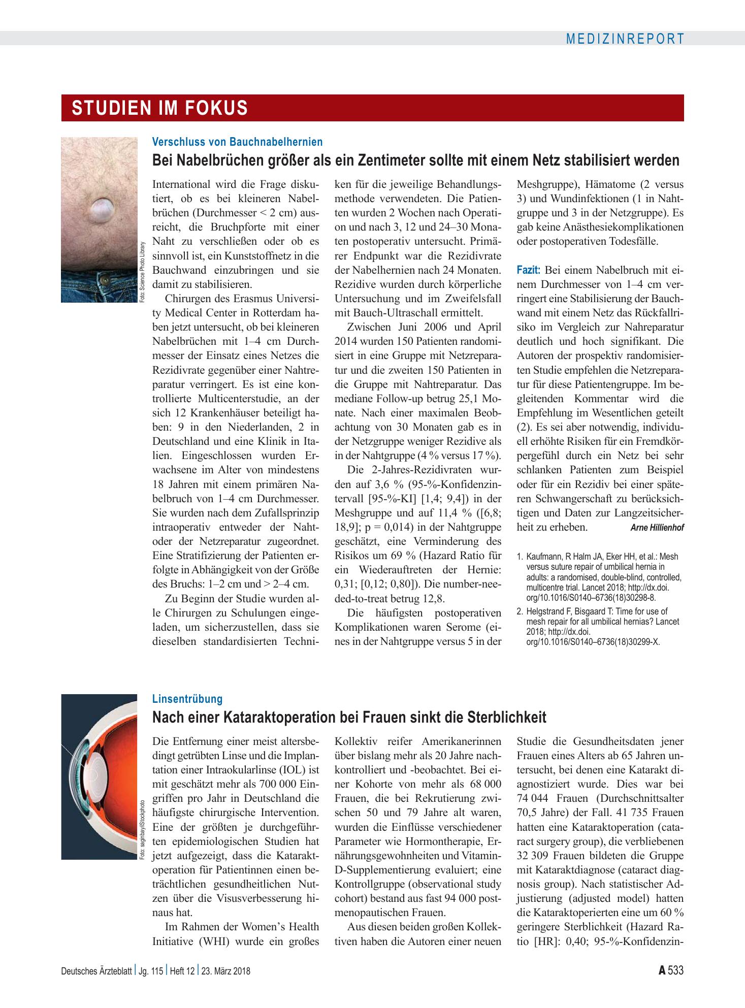 Vorschauseite 1: Verschluss von Bauchnabelhernien: Bei Nabelbrüchen größer als ein Zentimeter sollte mit einem Netz stabilisiert werden – Deutsches Ärzteblatt