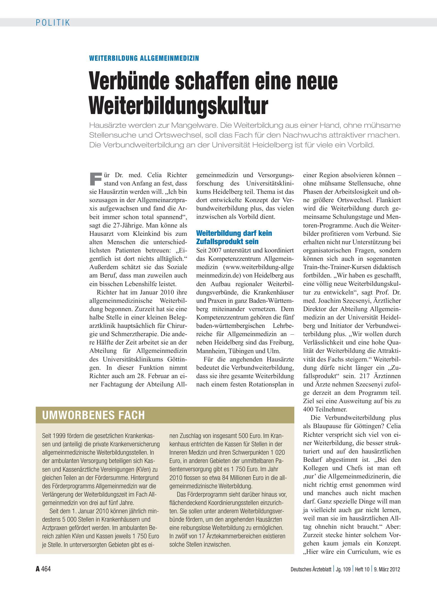 Vorschauseite 1: Weiterbildung Allgemeinmedizin: Verbünde schaffen eine neue Weiterbildungskultur – Deutsches Ärzteblatt