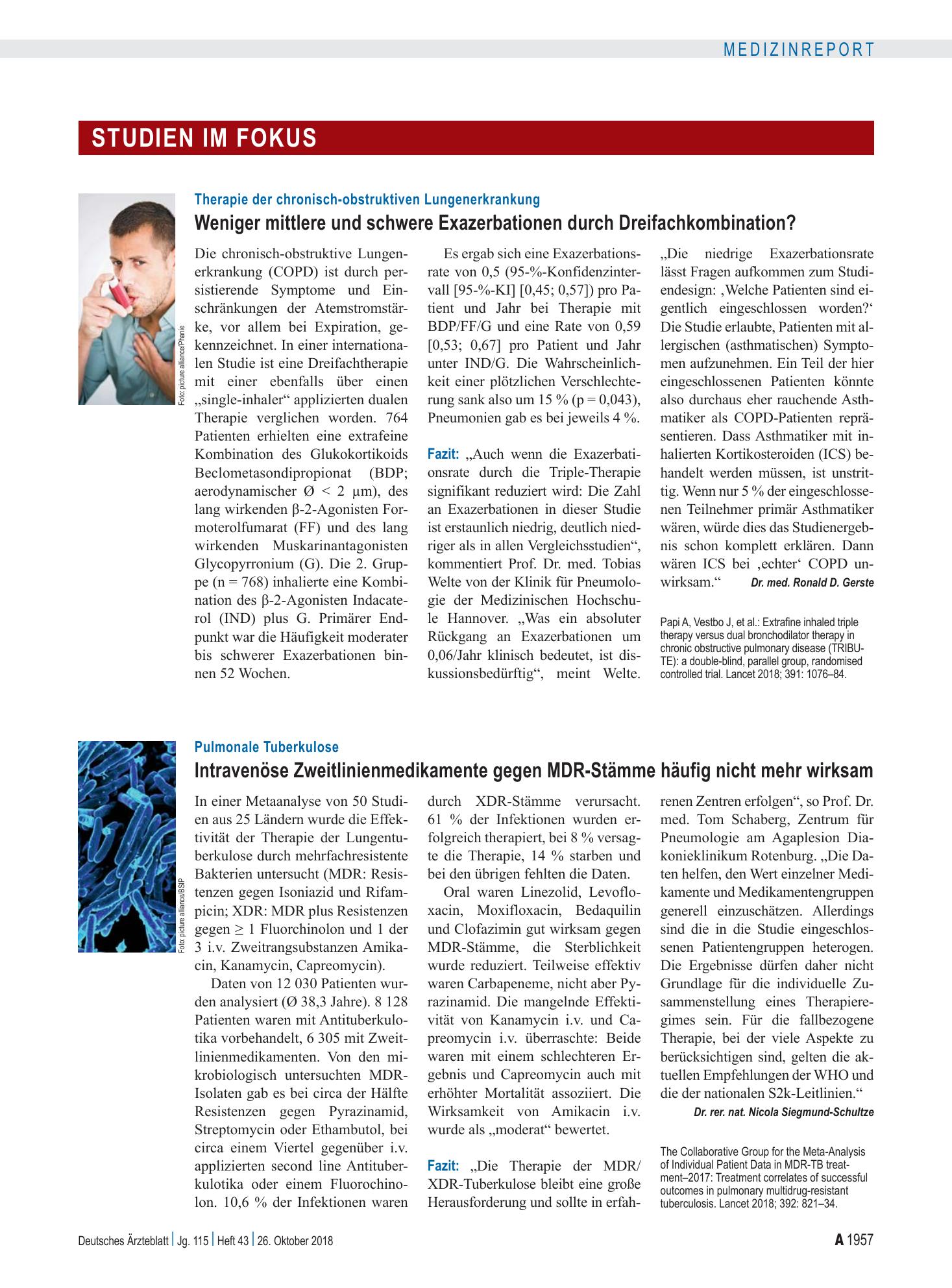 Vorschauseite 1: Therapie der chronisch-obstruktiven Lungenerkrankung: Weniger mittlere und schwere Exazerbationen durch Dreifachkombination? – Deutsches Ärzteblatt