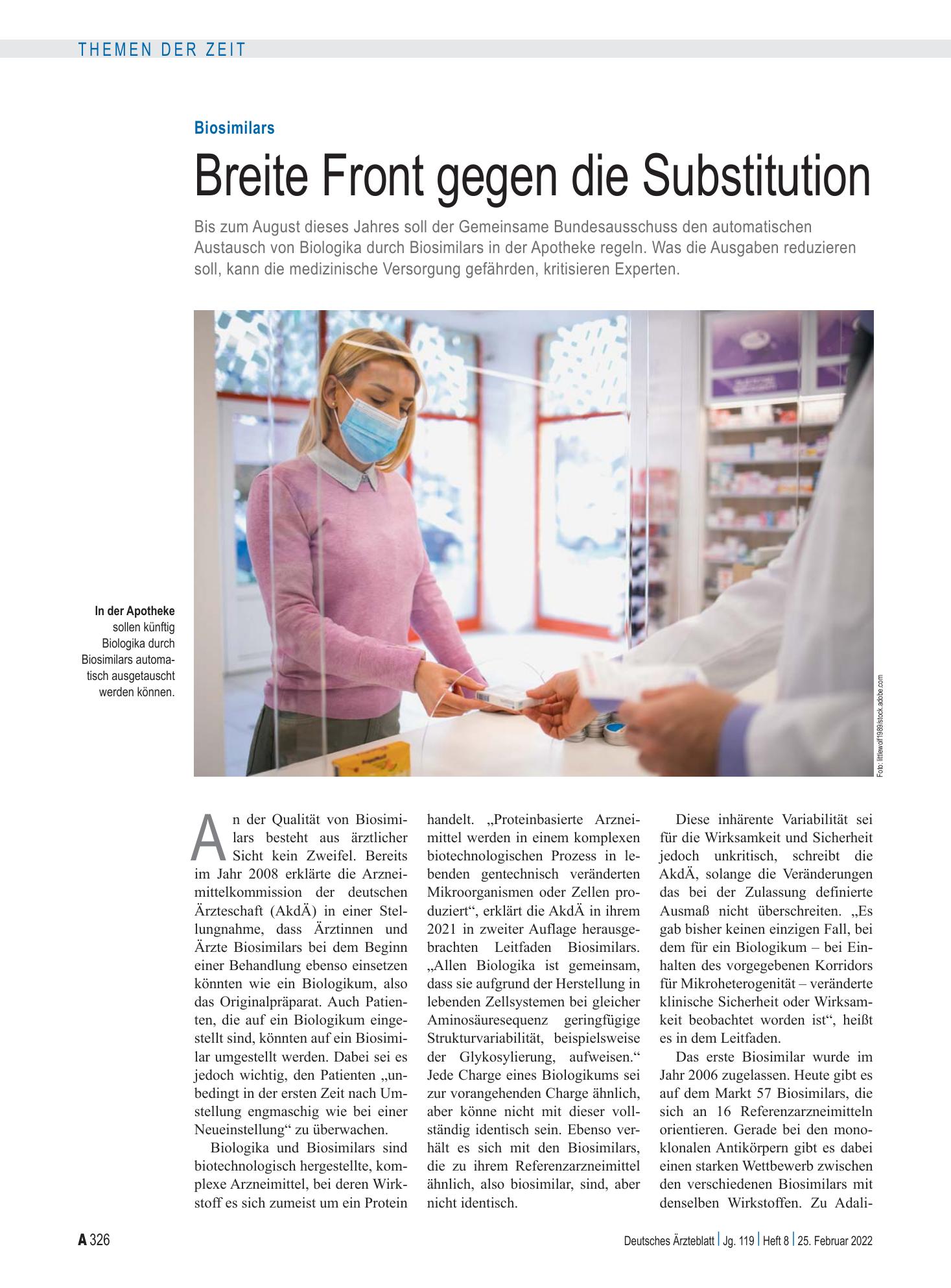 Vorschauseite 1: Biosimilars: Breite Front gegen die Substitution – Deutsches Ärzteblatt