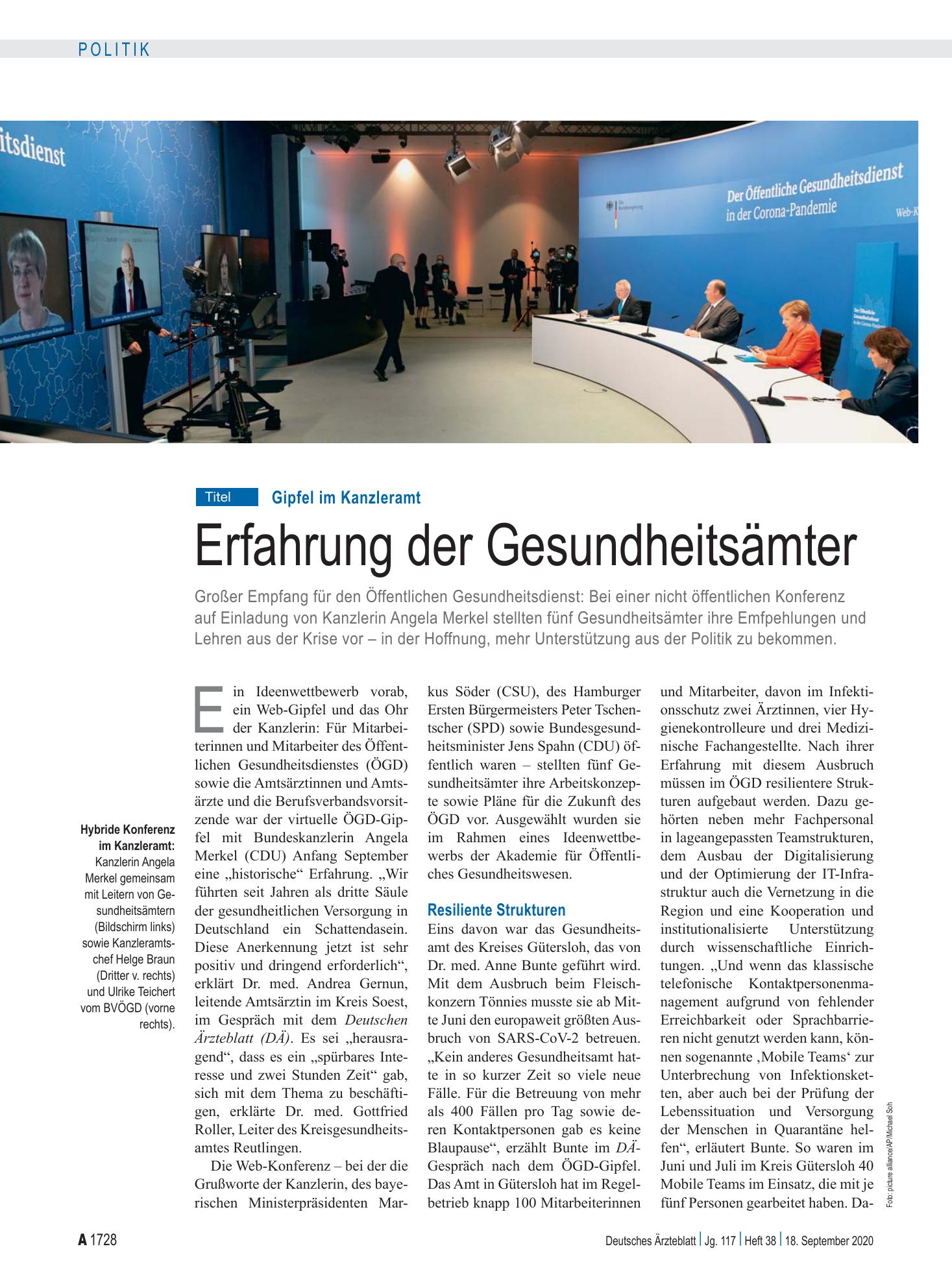 Vorschauseite 1: Gipfel im Kanzleramt: Erfahrung der Gesundheitsämter – Deutsches Ärzteblatt