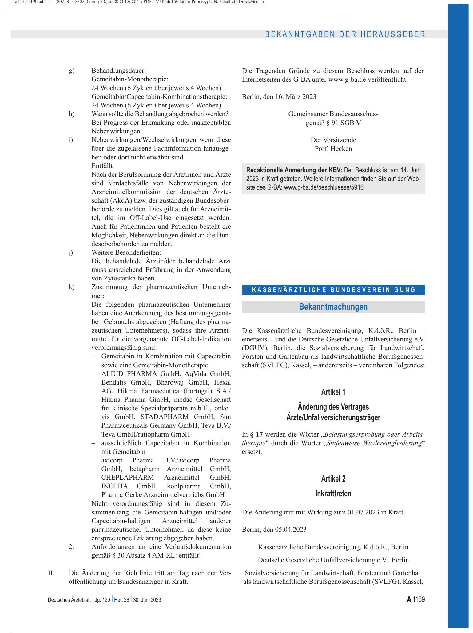 Vorschauseite 1: Änderung des Vertrages Ärzte/Unfallversicherungsträger – Deutsches Ärzteblatt