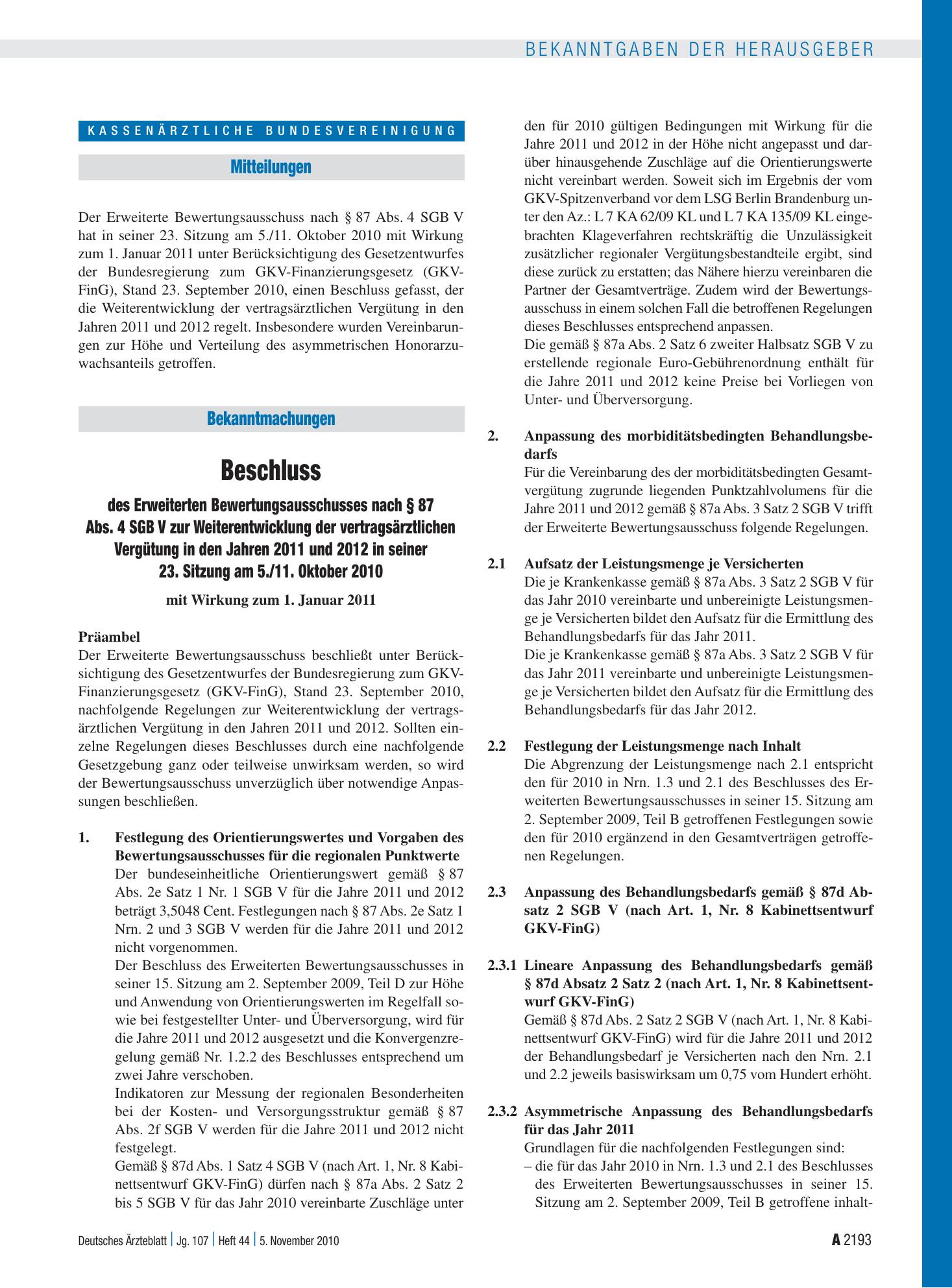 Vorschauseite 1: Beschluss des Erweiterten Bewertungsausschusses nach § 87 Abs. 4 SGB V zur Weiterentwicklung der vertragsärztlichen Vergütung in den Jahren 2011 und 2012 in seiner 23. Sitzung am…