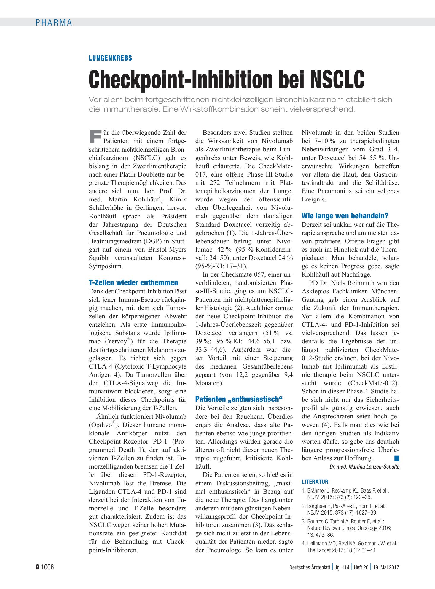 Vorschauseite 1: Lungenkrebs: Checkpoint-Inhibition bei NSCLC – Deutsches Ärzteblatt