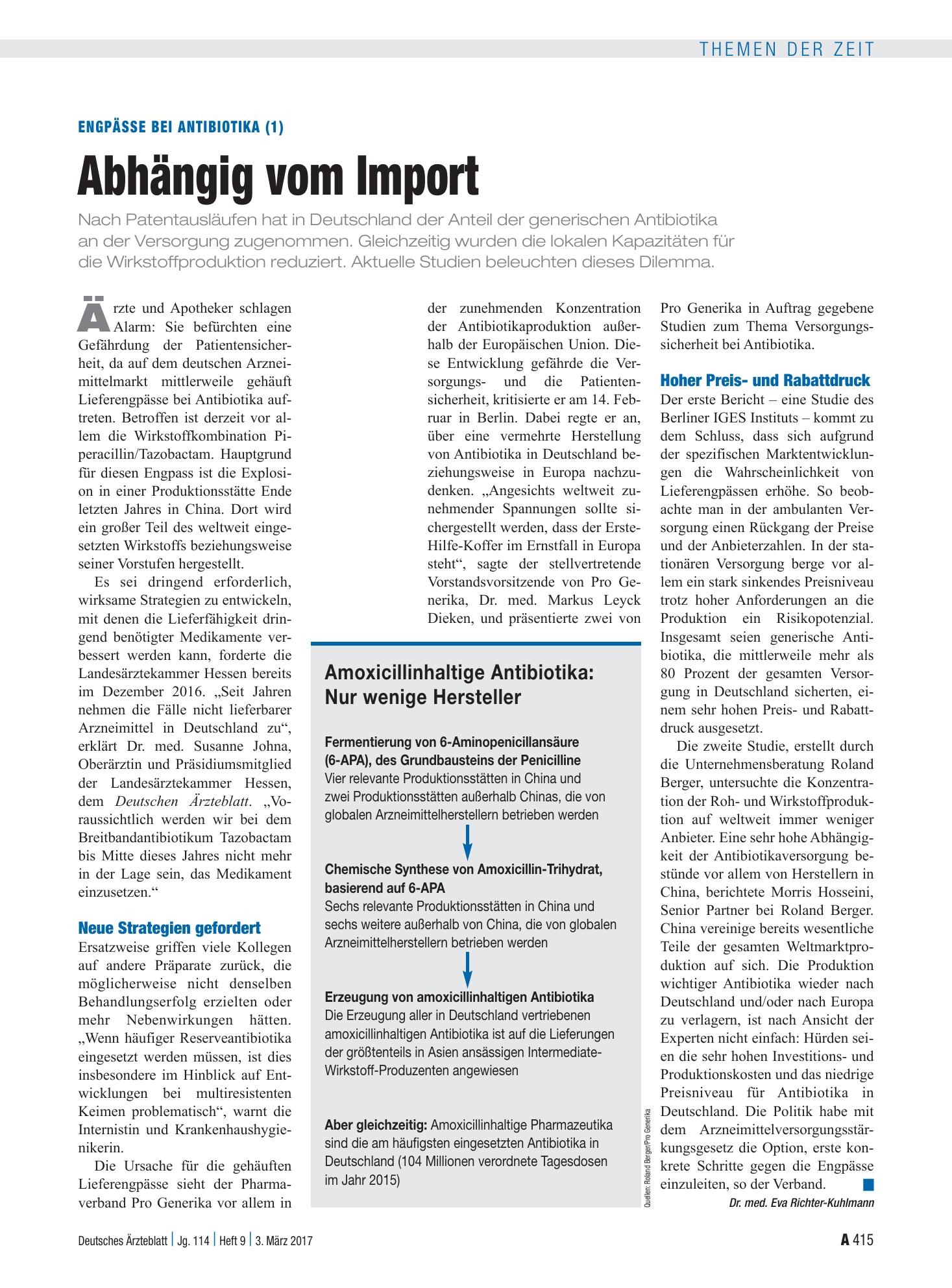 Vorschauseite 1: Engpässe bei Antibiotika (1): Abhängig vom Import – Deutsches Ärzteblatt