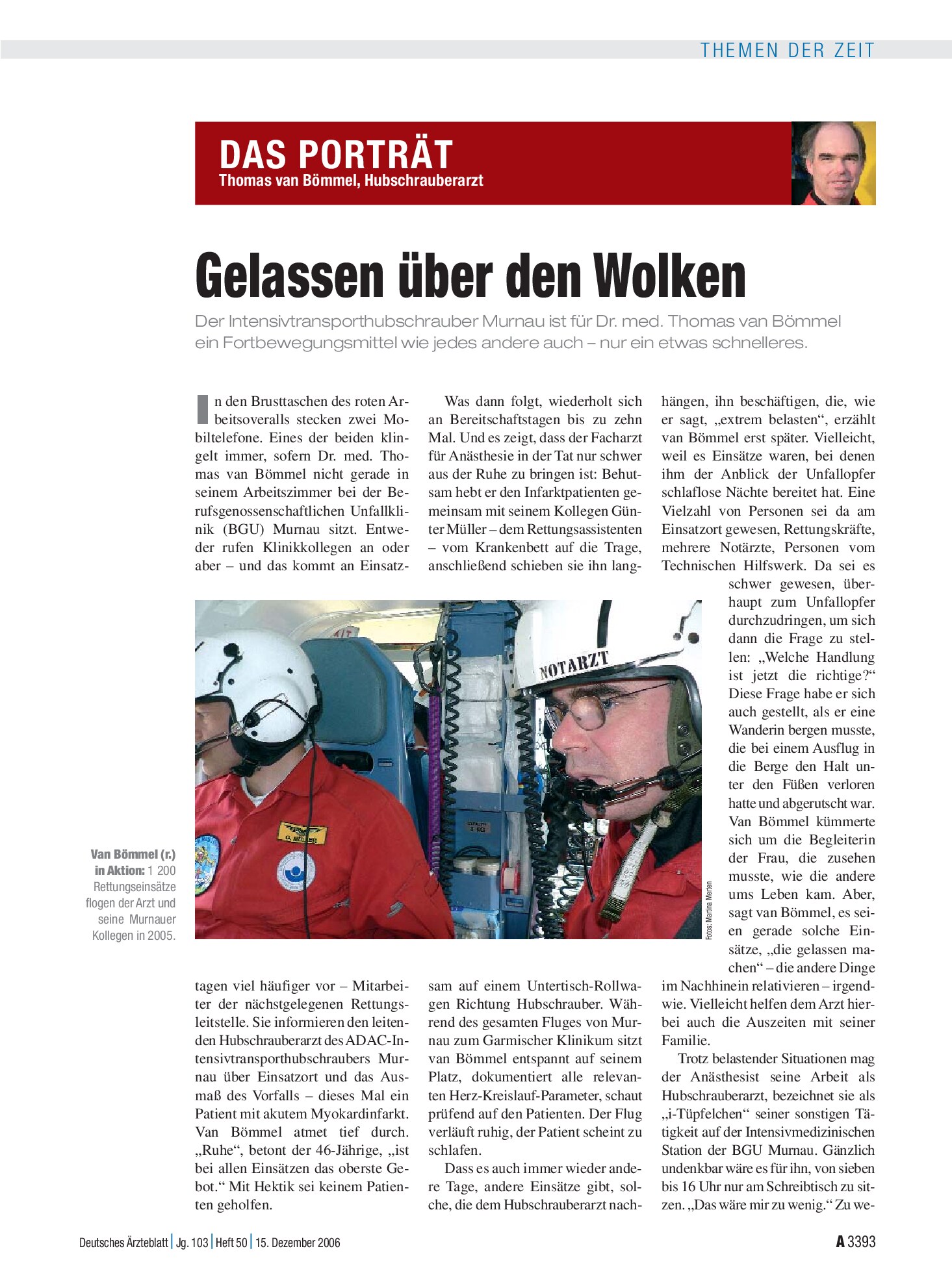 Vorschauseite 1: Thomas van Bömmel, Hubschrauberarzt: Gelassen über den Wolken – Deutsches Ärzteblatt