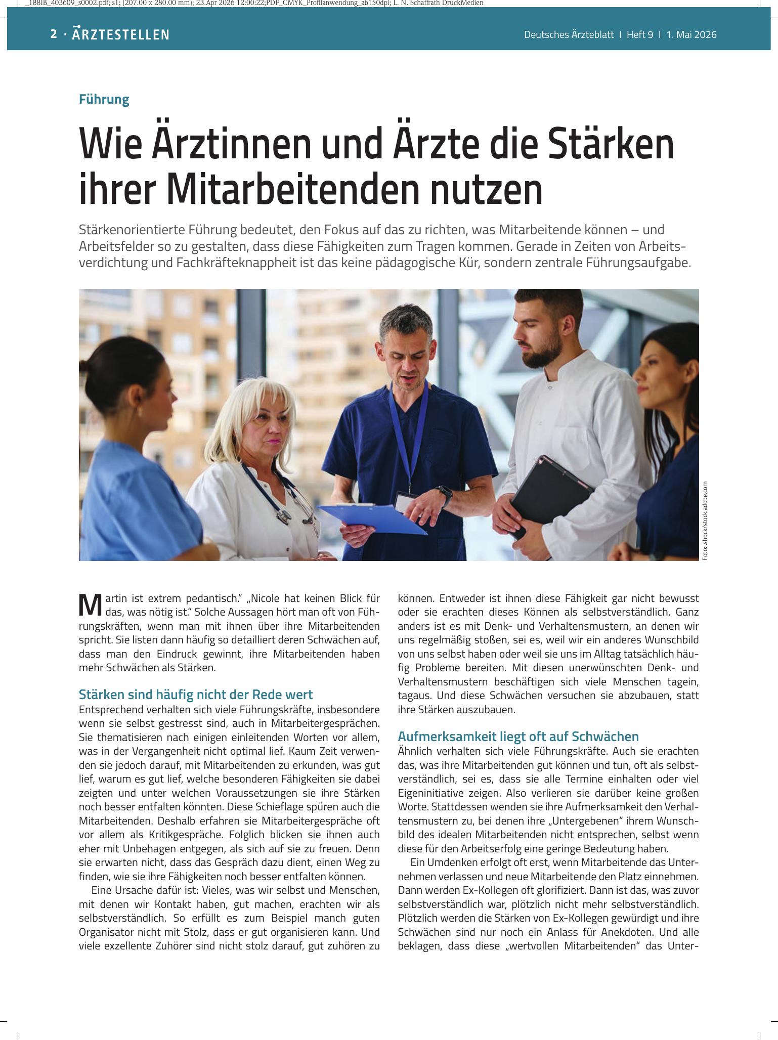 Vorschauseite 1: Führung: Wie Ärztinnen und Ärzte die Stärken ihrer Mitarbeitenden nutzen – Deutsches Ärzteblatt