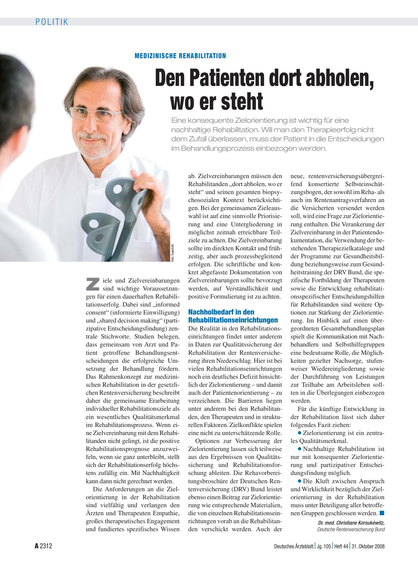 Vorschauseite 1: Medizinische Rehabilitation: Den Patienten dort abholen, wo er steht – Deutsches Ärzteblatt