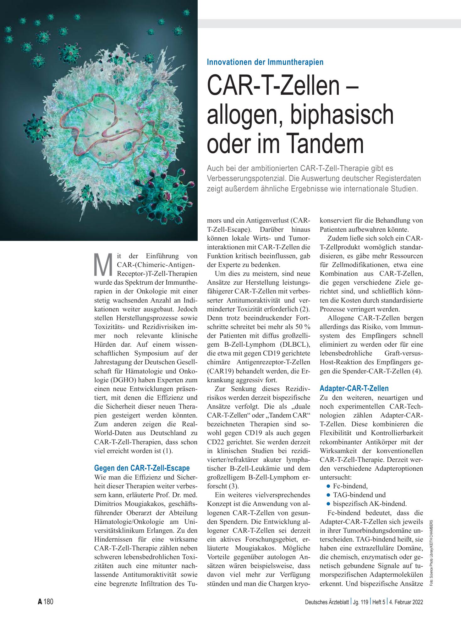 Vorschauseite 1: Innovationen der Immuntherapien: CAR-T-Zellen – allogen, biphasisch oder im Tandem – Deutsches Ärzteblatt