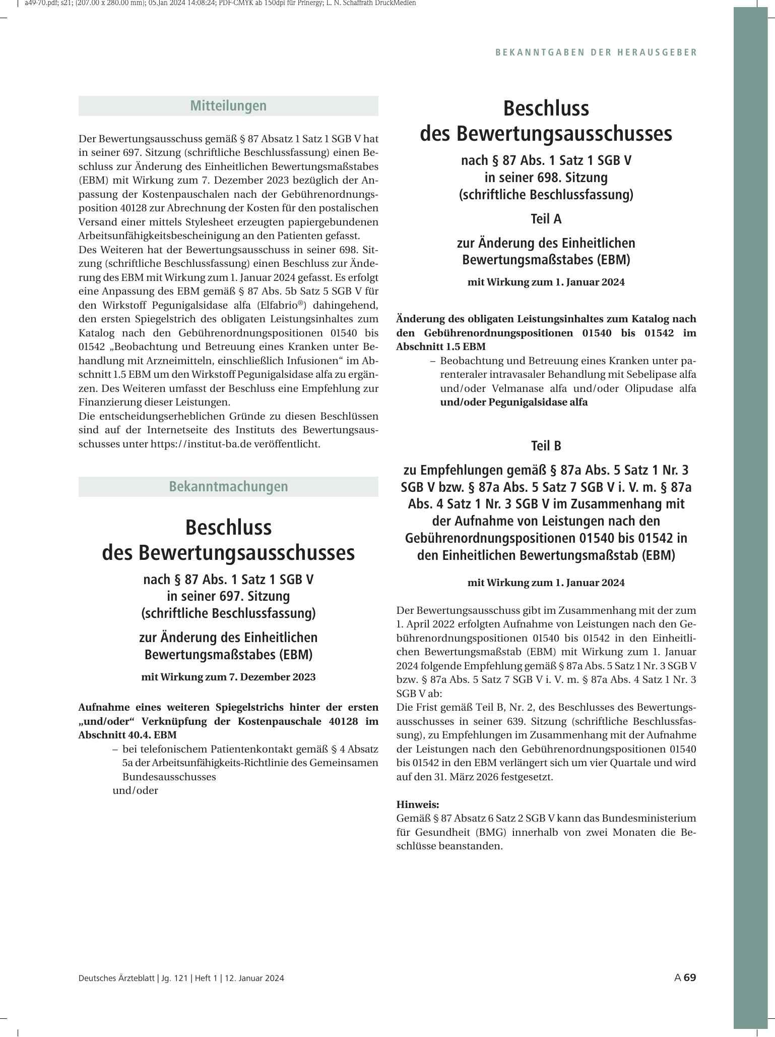 Vorschauseite 1: Beschluss des Bewertungsausschusses nach § 87 Abs. 1 Satz 1 SGB V in seiner 698. Sitzung (schriftliche Beschlussfassung) Teil A zur Änderung des Einheitlichen Bewertungsmaßstabes…