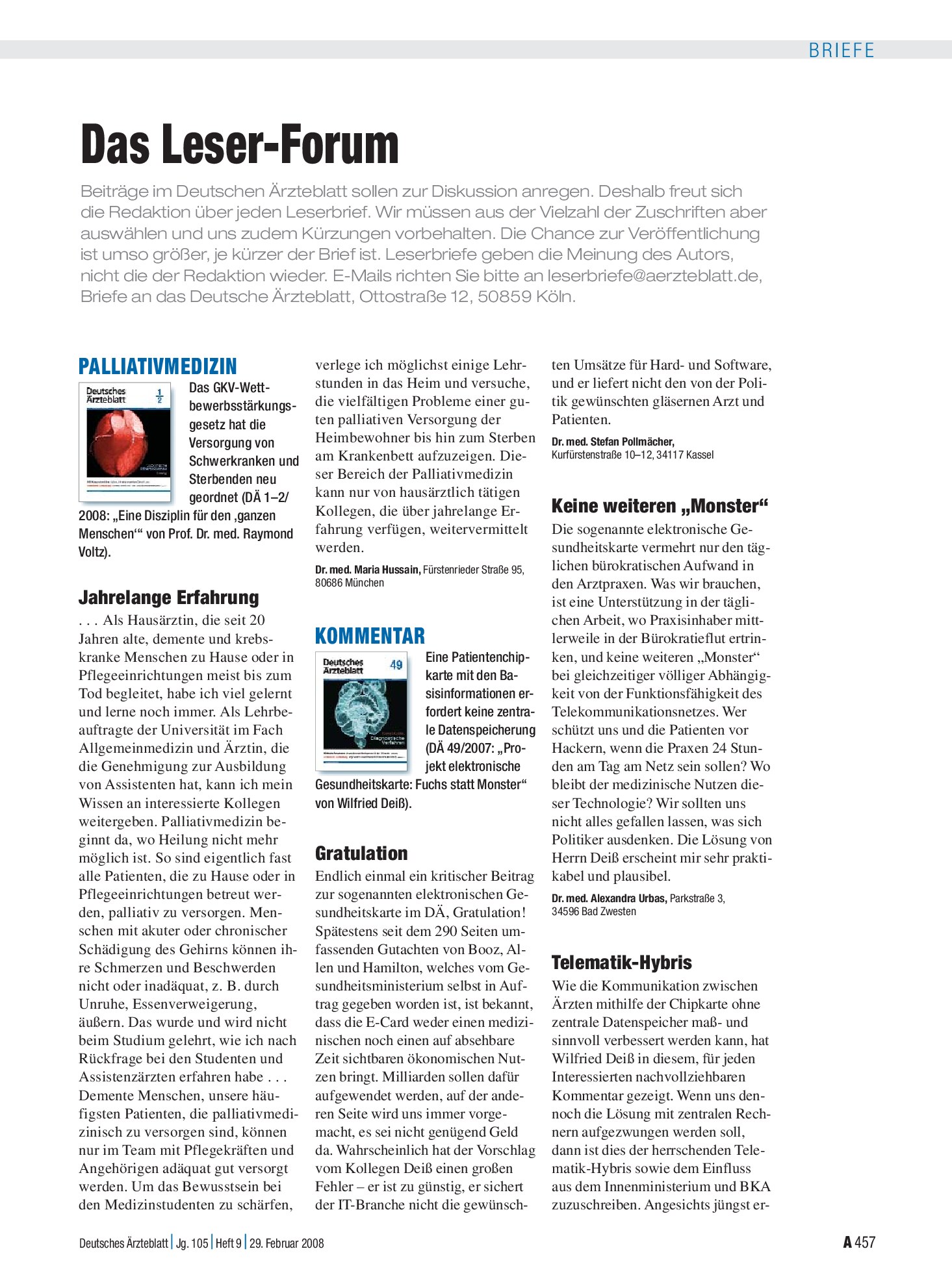 Vorschauseite 1: Kommentar: Telematik-Hybris – Deutsches Ärzteblatt