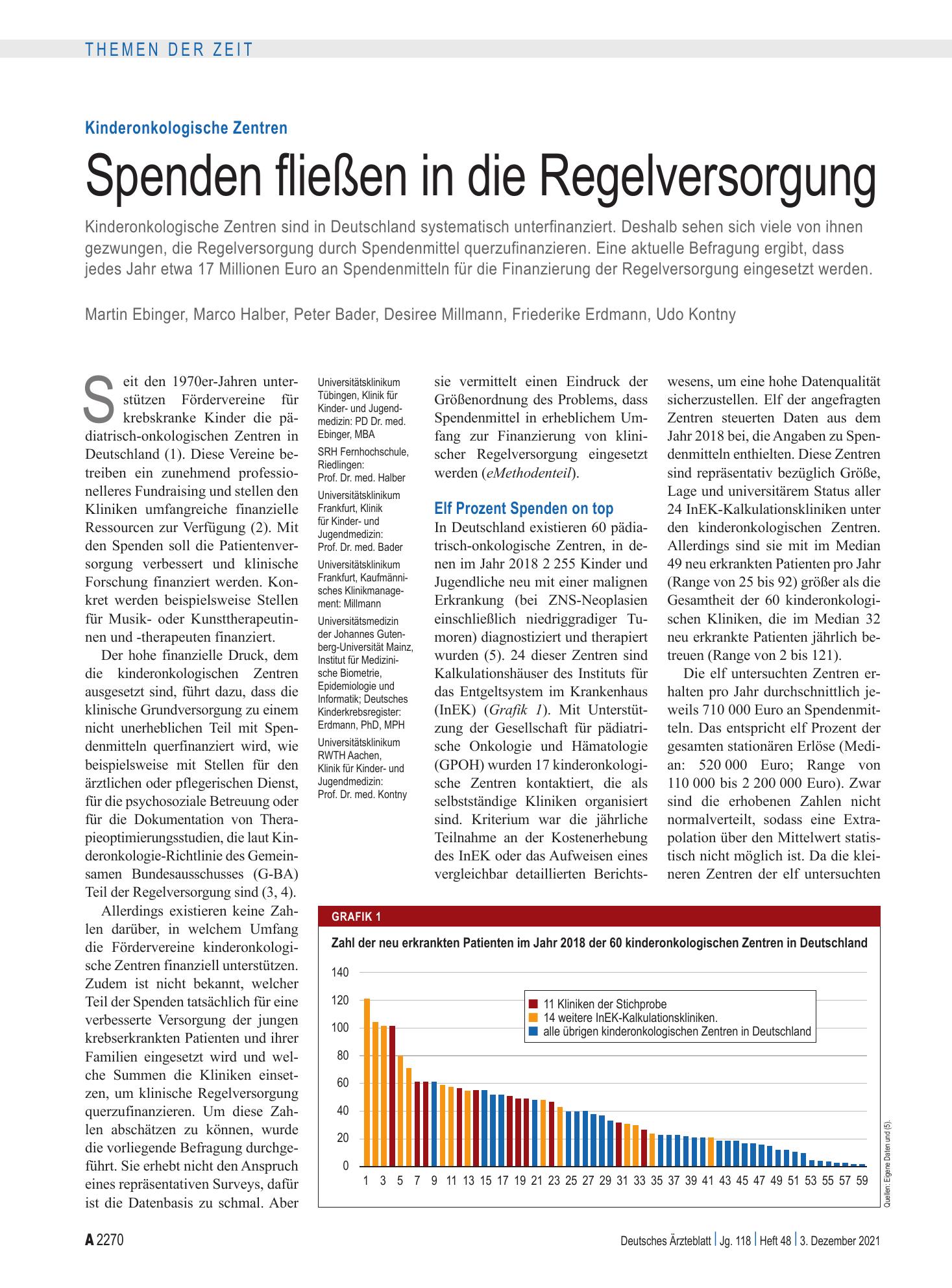 Vorschauseite 1: Kinderonkologische Zentren: Spenden fließen in die Regelversorgung – Deutsches Ärzteblatt