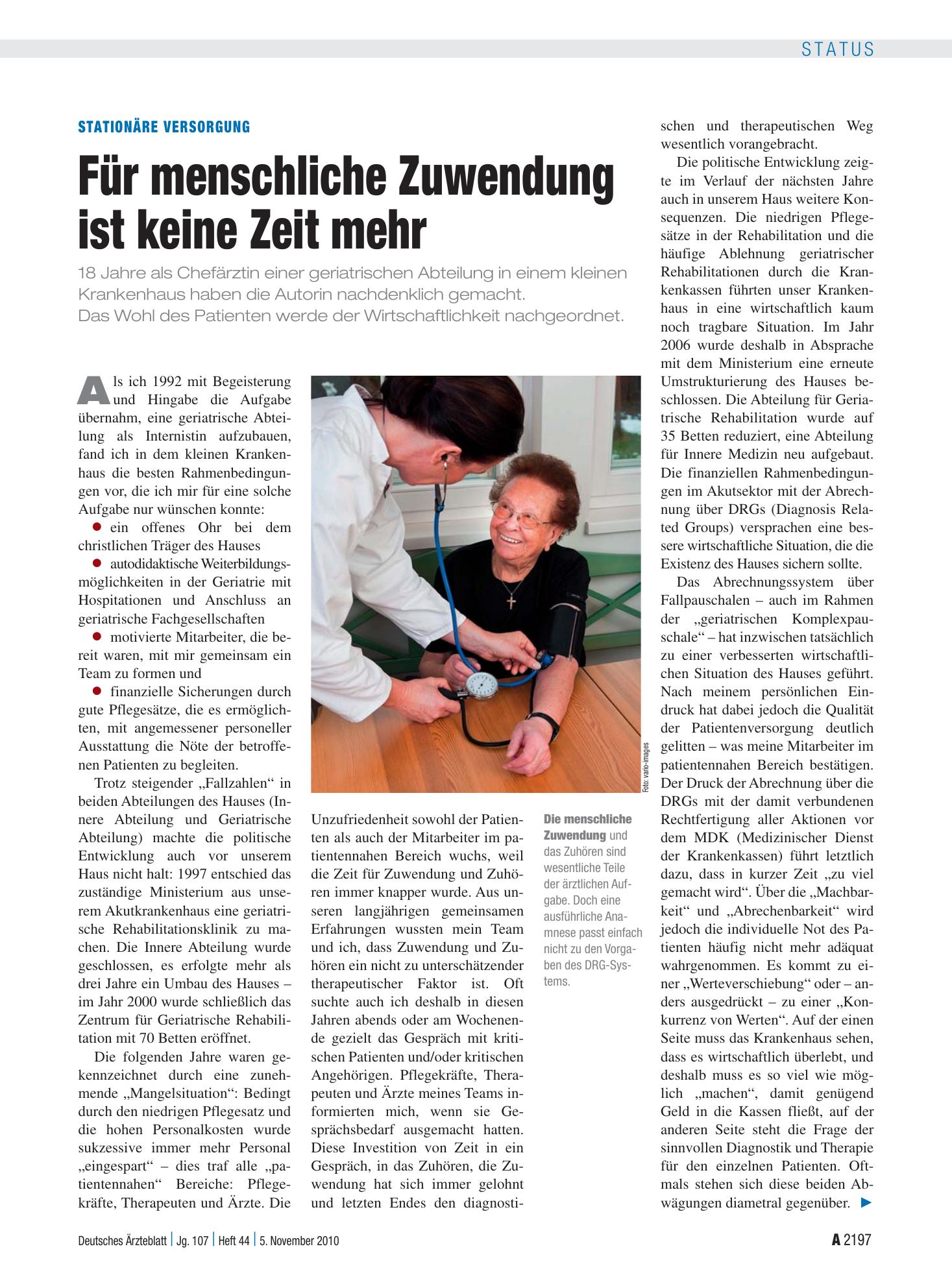 Vorschauseite 1: Stationäre Versorgung: Für menschliche Zuwendung ist keine Zeit mehr – Deutsches Ärzteblatt