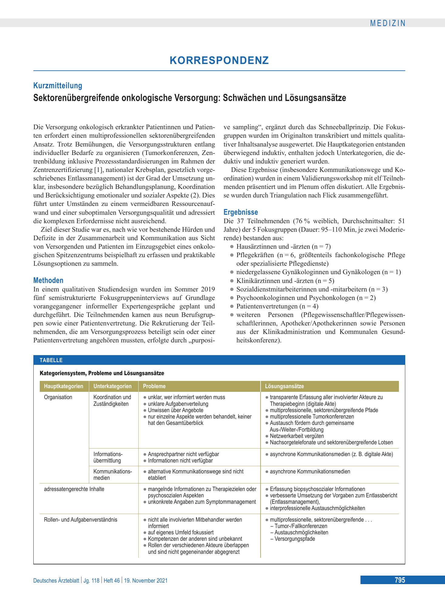 Vorschauseite 1: Sektorenübergreifende onkologische Versorgung: Schwächen und Lösungsansätze – Deutsches Ärzteblatt