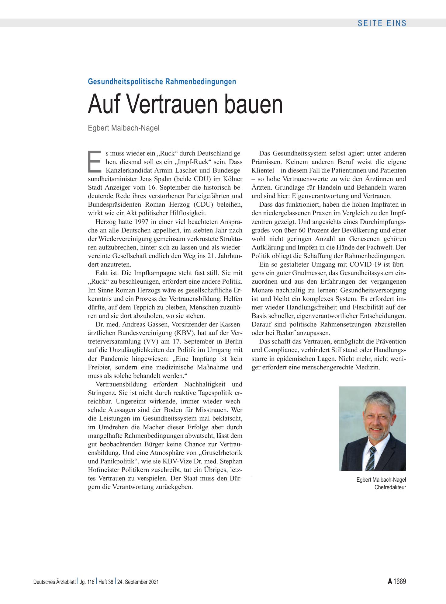 Vorschauseite 1: Gesundheitspolitische Rahmenbedingungen: Auf Vertrauen bauen – Deutsches Ärzteblatt