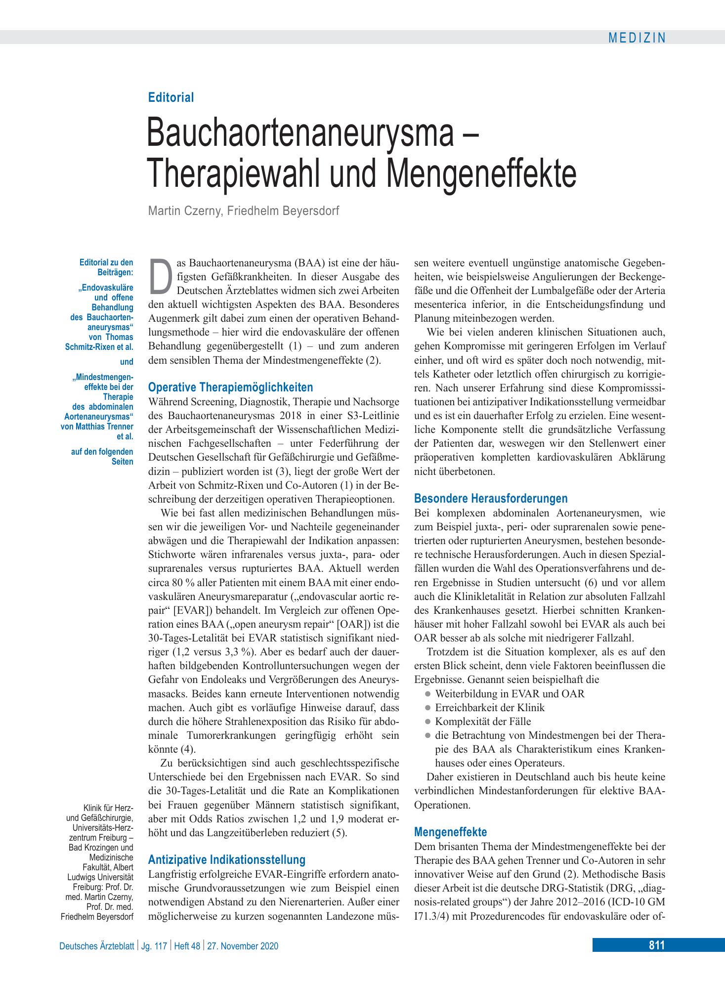 Vorschauseite 1: Mindestmengeneffekte bei der Therapie des abdominalen Aortenaneurysmas – Deutsches Ärzteblatt