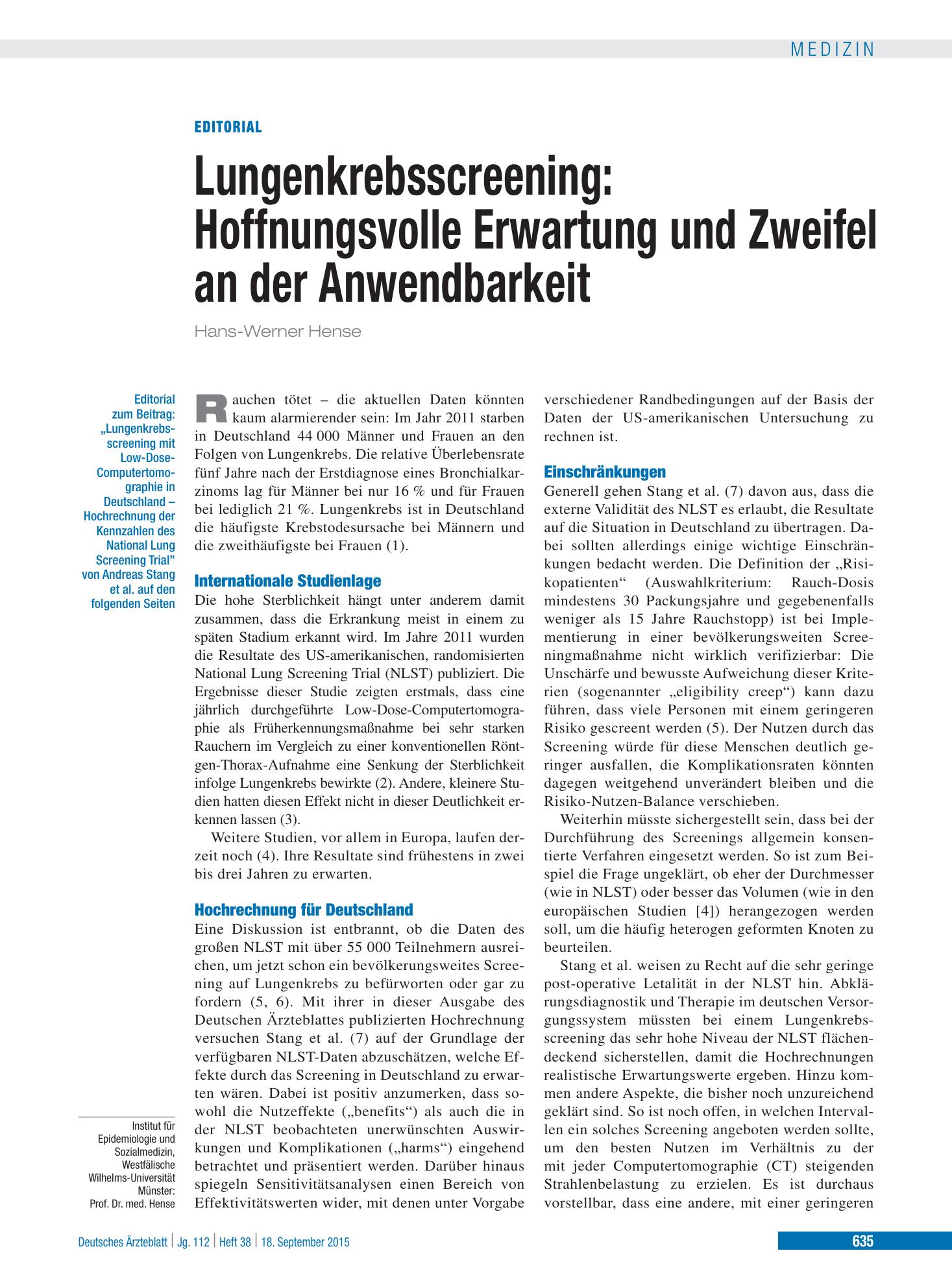 Vorschauseite 1: Lungenkrebsscreening – Deutsches Ärzteblatt