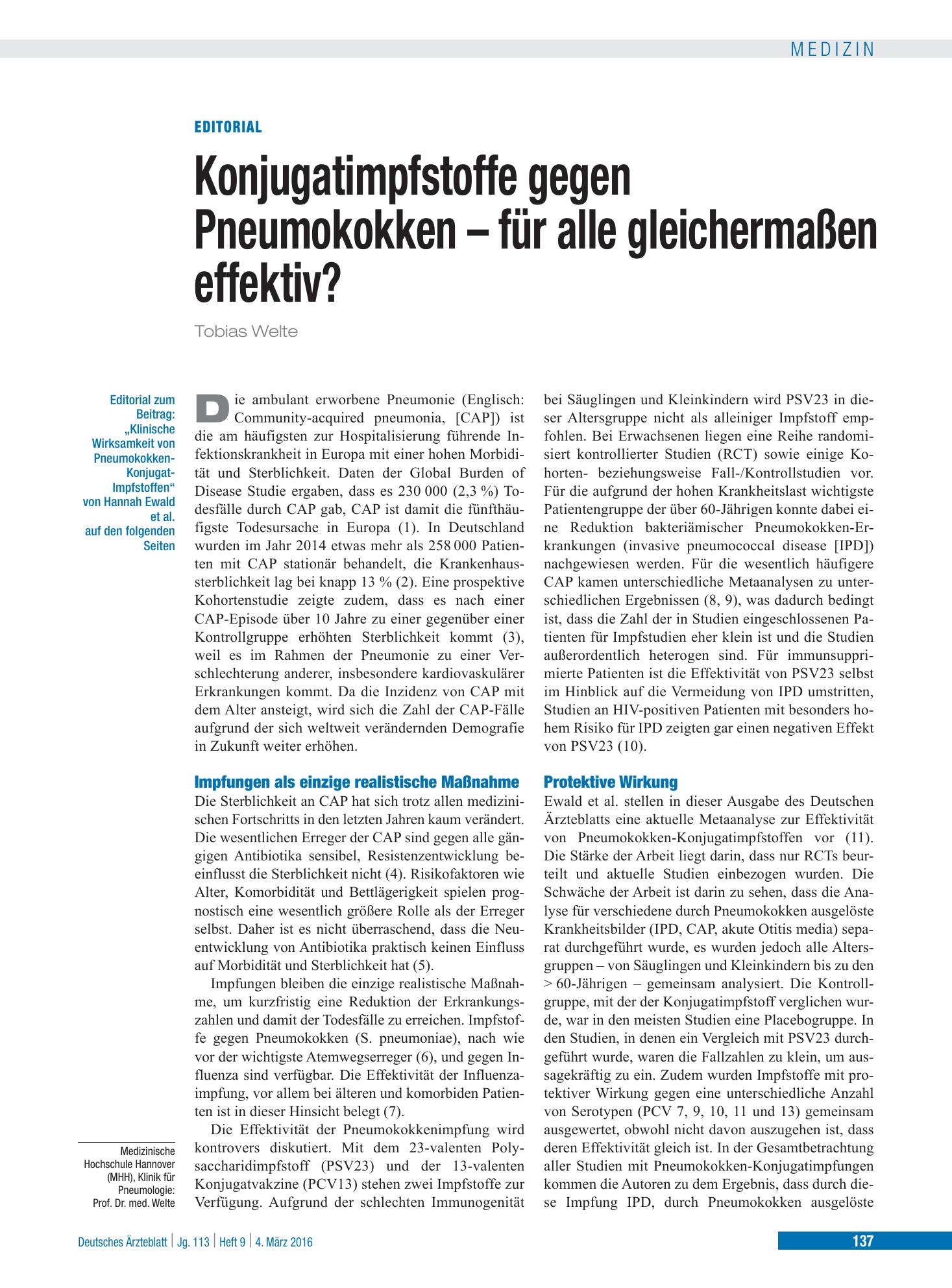 Vorschauseite 1: Klinische Wirksamkeit von Pneumokokken-Konjugatimpfstoffen – Deutsches Ärzteblatt