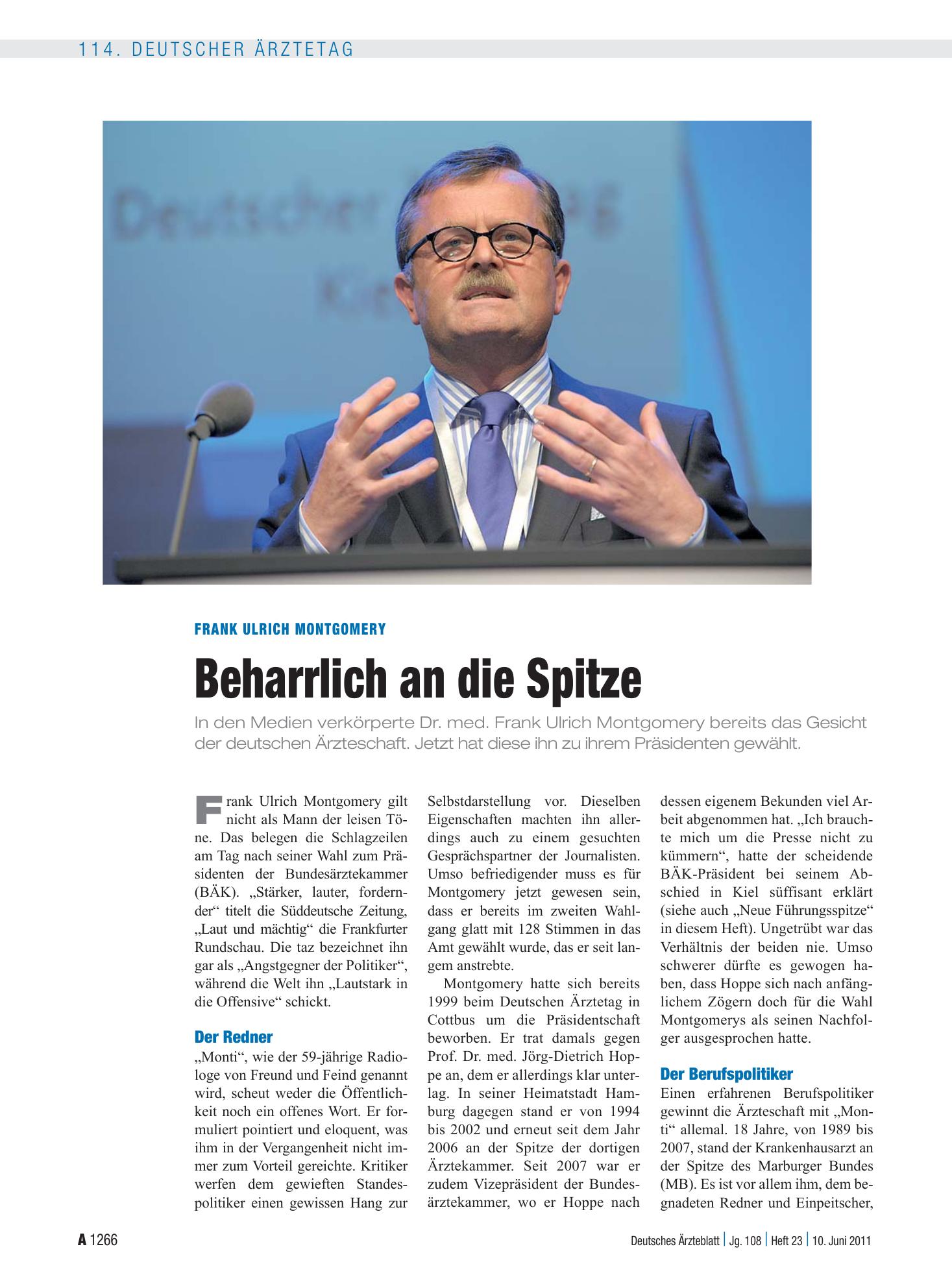 Vorschauseite 1: Frank Ulrich Montgomery: Beharrlich an die Spitze – Deutsches Ärzteblatt