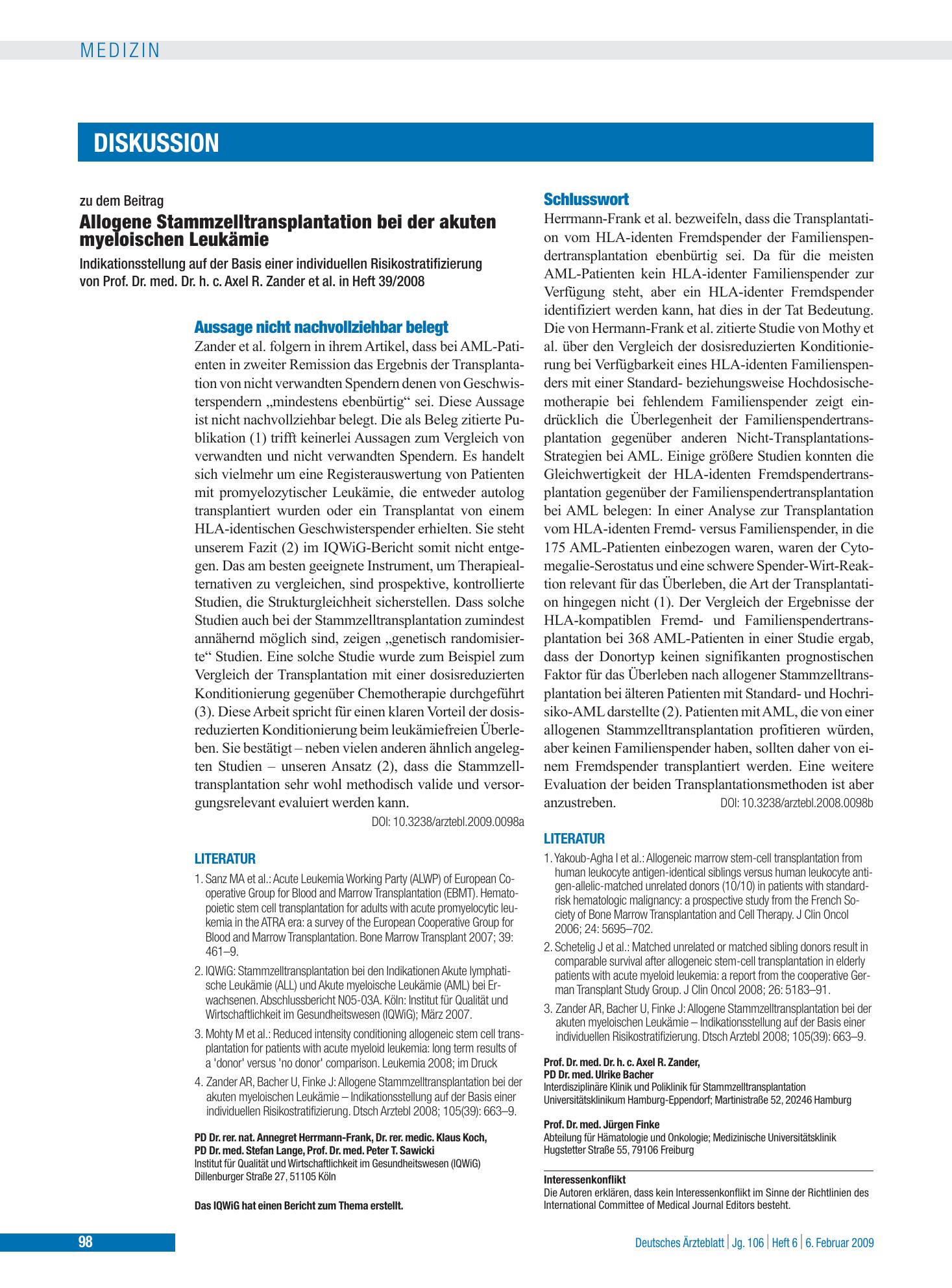 Vorschauseite 1: Allogene Stammzelltransplantation bei der akuten myeloischen Leukämie: Schlusswort – Deutsches Ärzteblatt