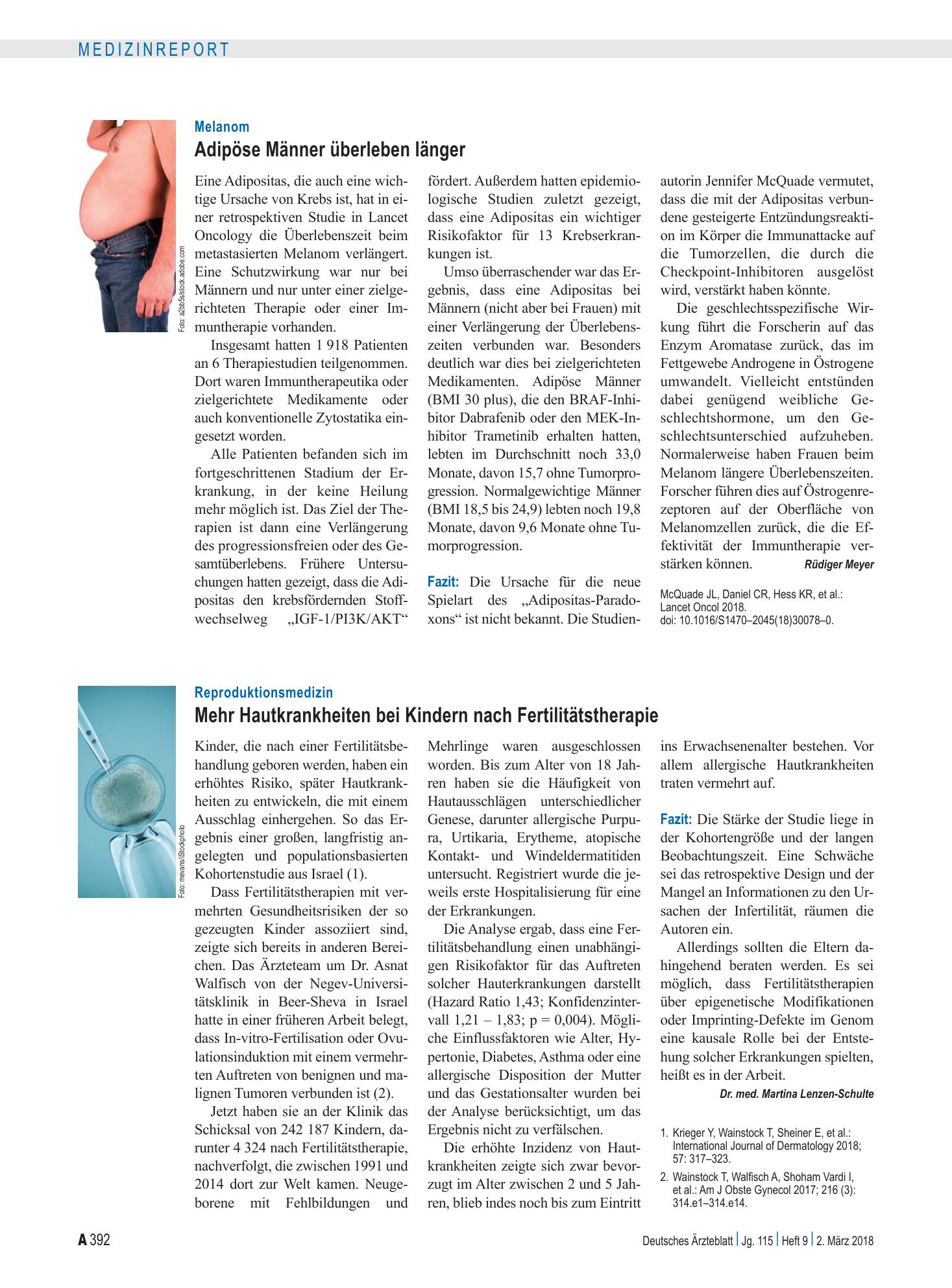 Vorschauseite 1: Melanom: Adipöse Männer überleben länger – Deutsches Ärzteblatt