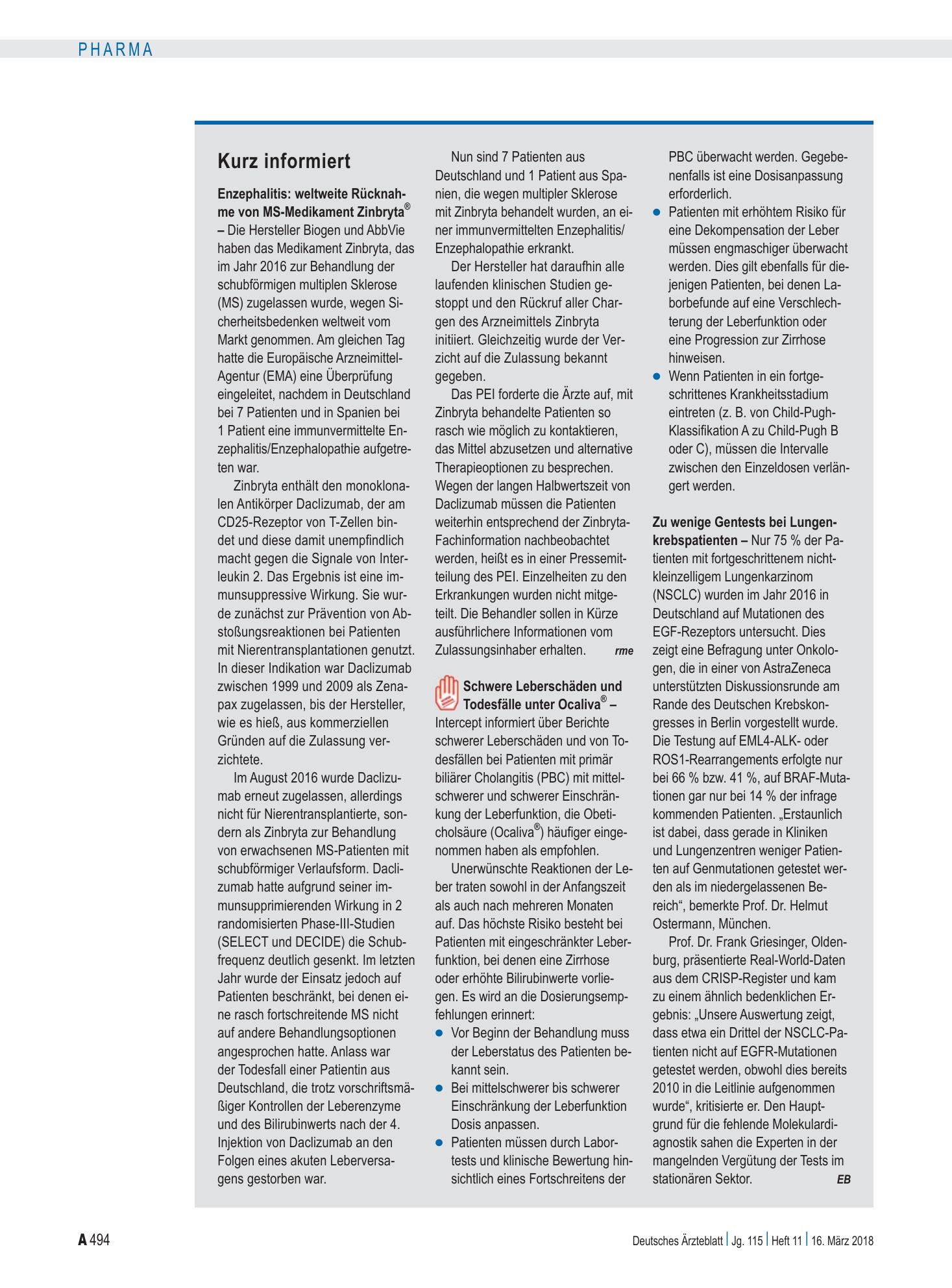 Vorschauseite 1: Kurz informiert – Deutsches Ärzteblatt