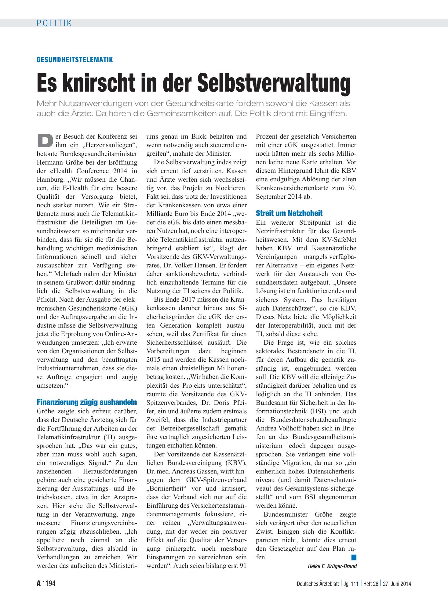 Vorschauseite 1: Gesundheitstelematik: Es knirscht in der Selbstverwaltung – Deutsches Ärzteblatt