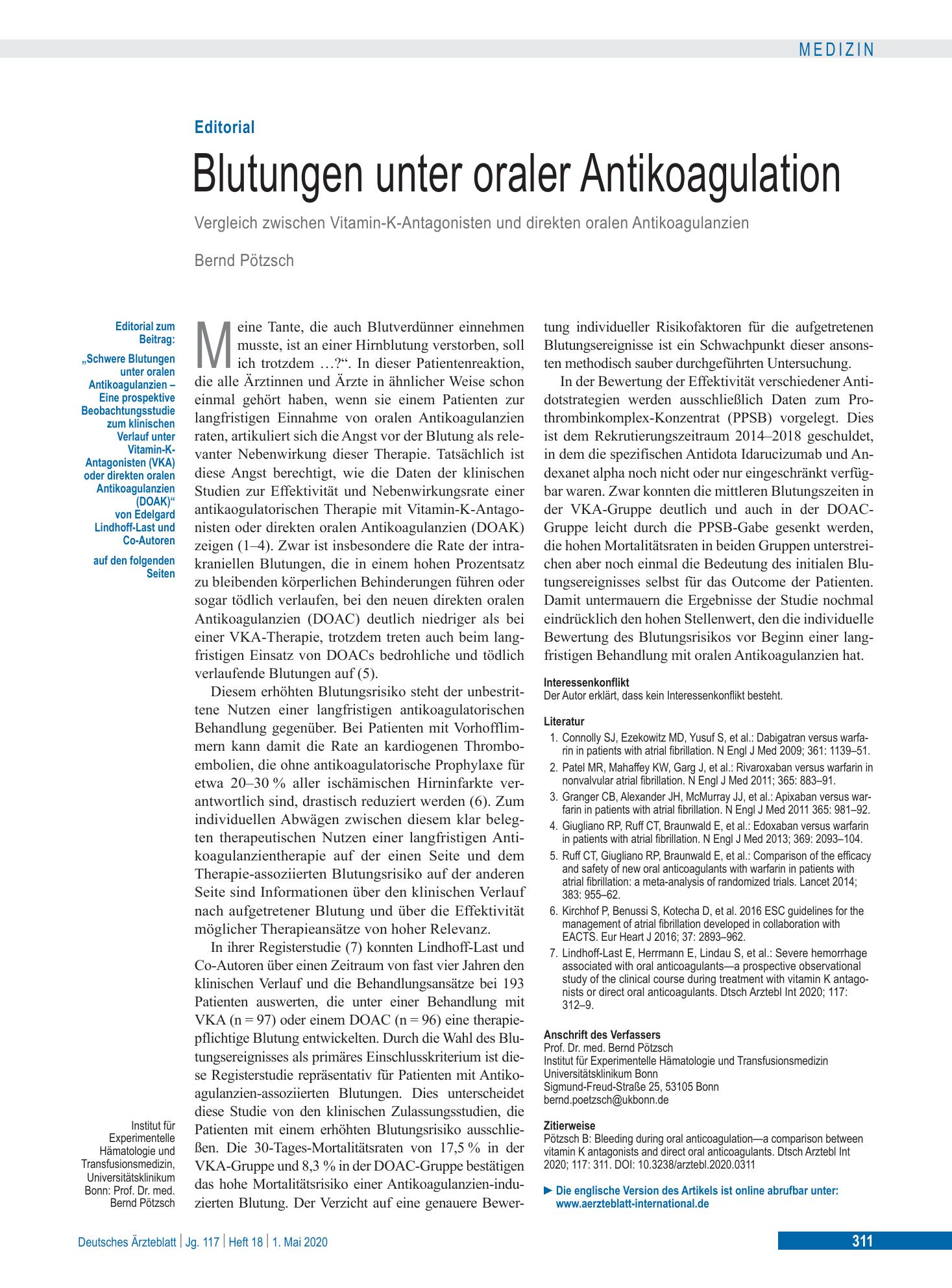 Vorschauseite 1: Blutungen unter oraler Antikoagulation – Deutsches Ärzteblatt