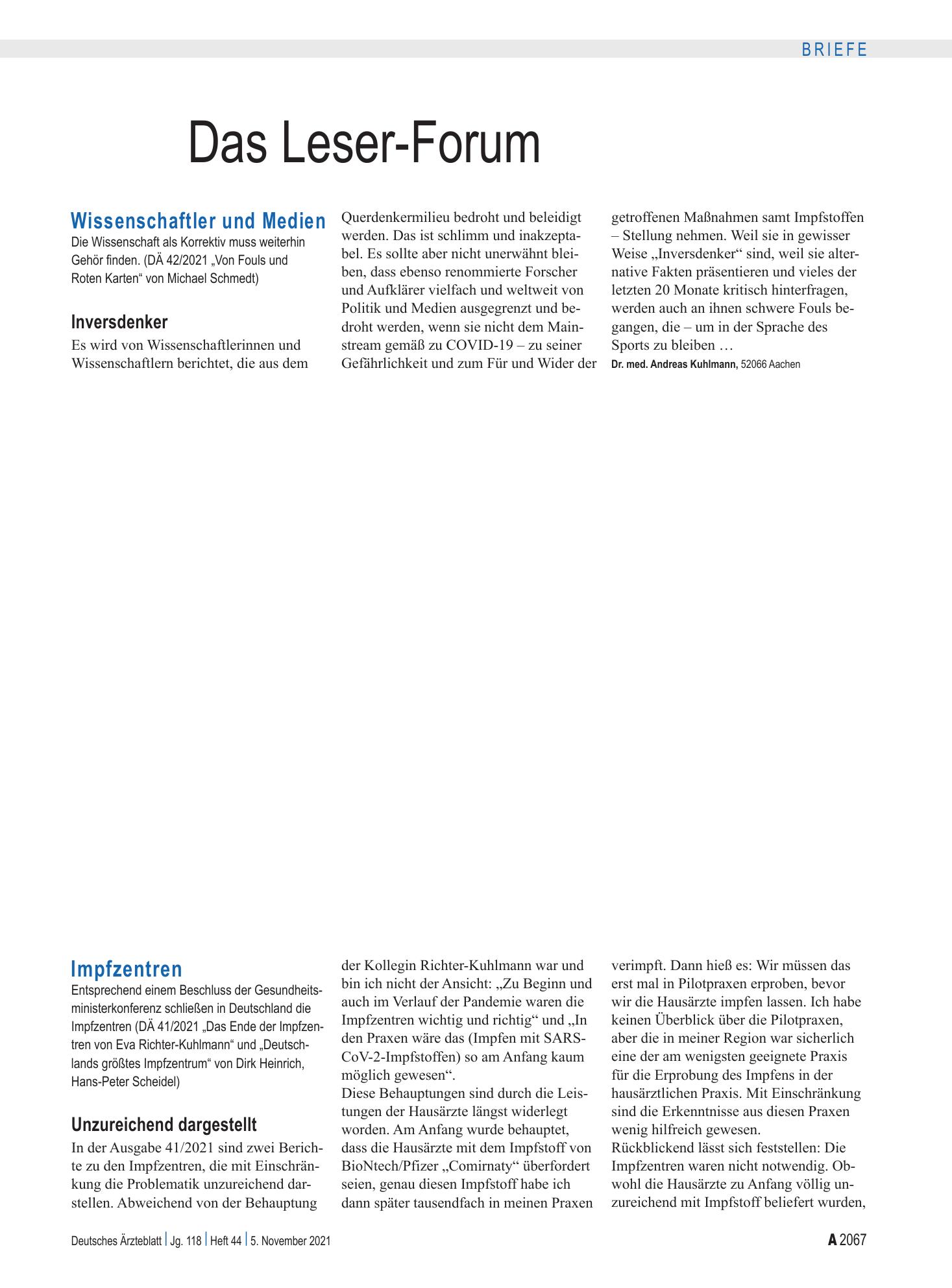 Vorschauseite 1: Impfzentren: Unzureichend dargestellt – Deutsches Ärzteblatt